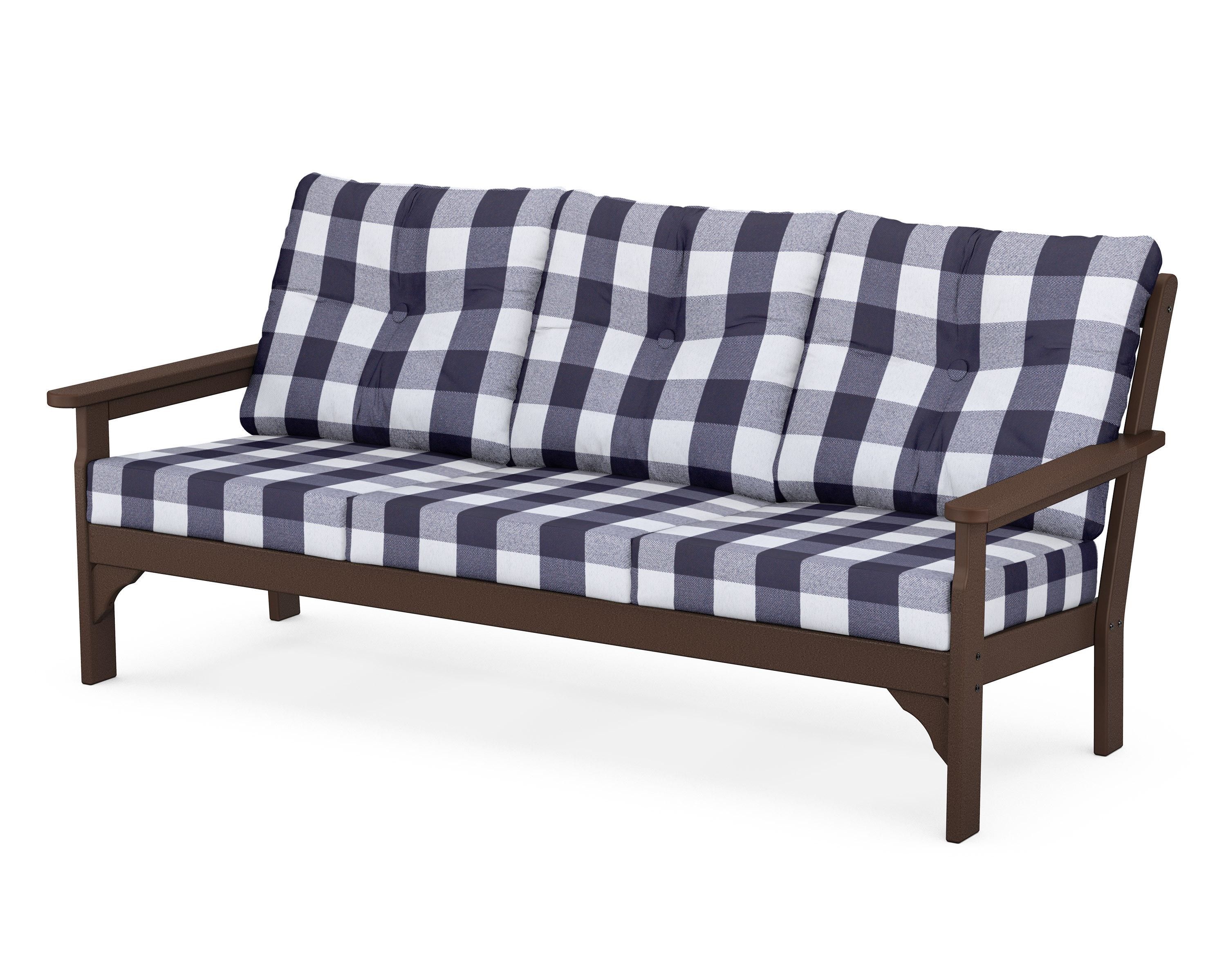 POLYWOOD® Vineyard Deep Seating Sofa in Mahogany / Buffalo Plaid Navy
