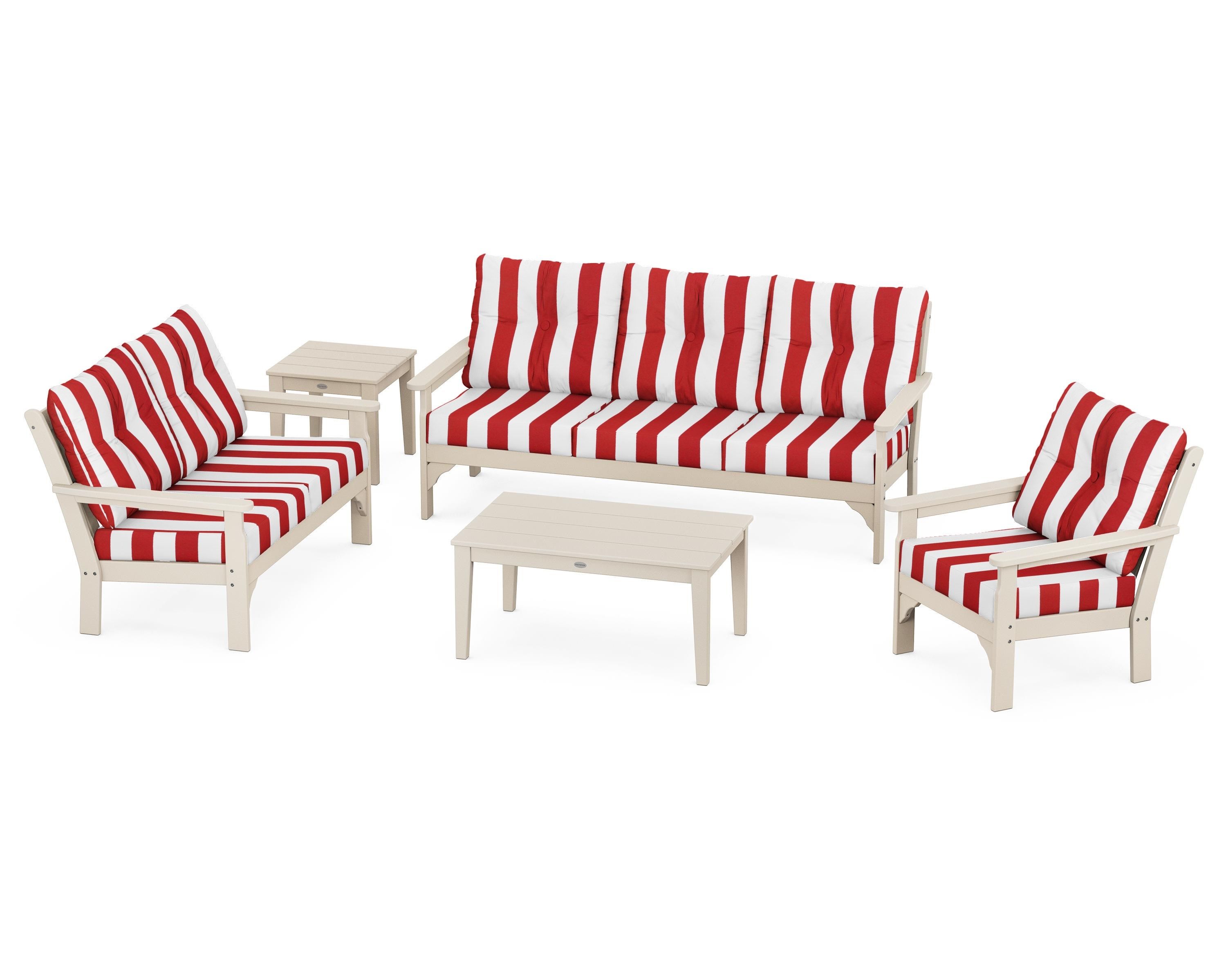 POLYWOOD® Vineyard 5 Piece Deep Seating Set in Sand / Cabana Stripe Crimson