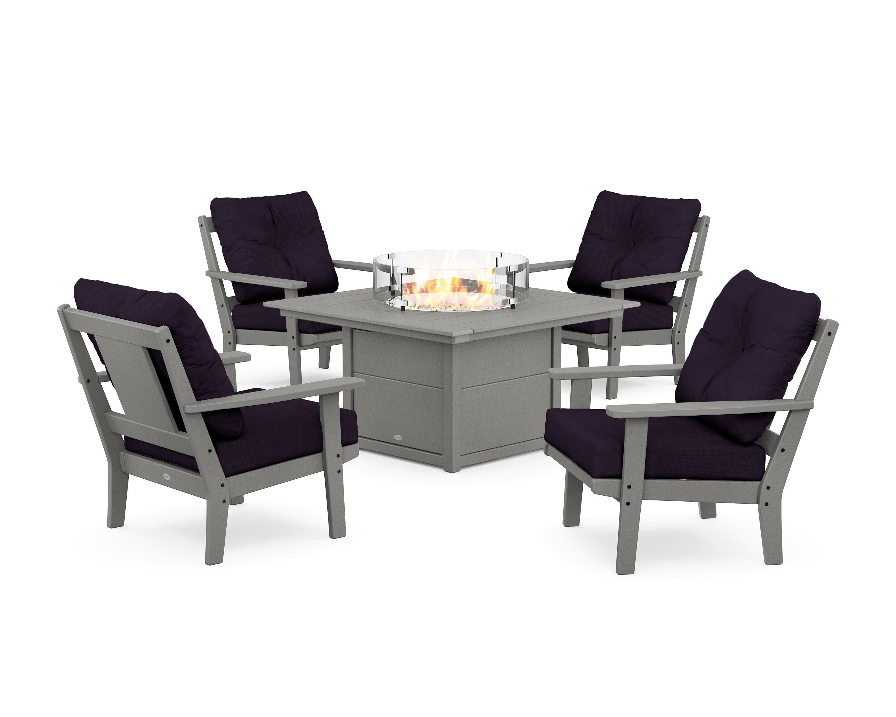POLYWOOD® Prairie 5-Piece Deep Seating Set with Fire Pit Table in Slate Grey / Navy Linen