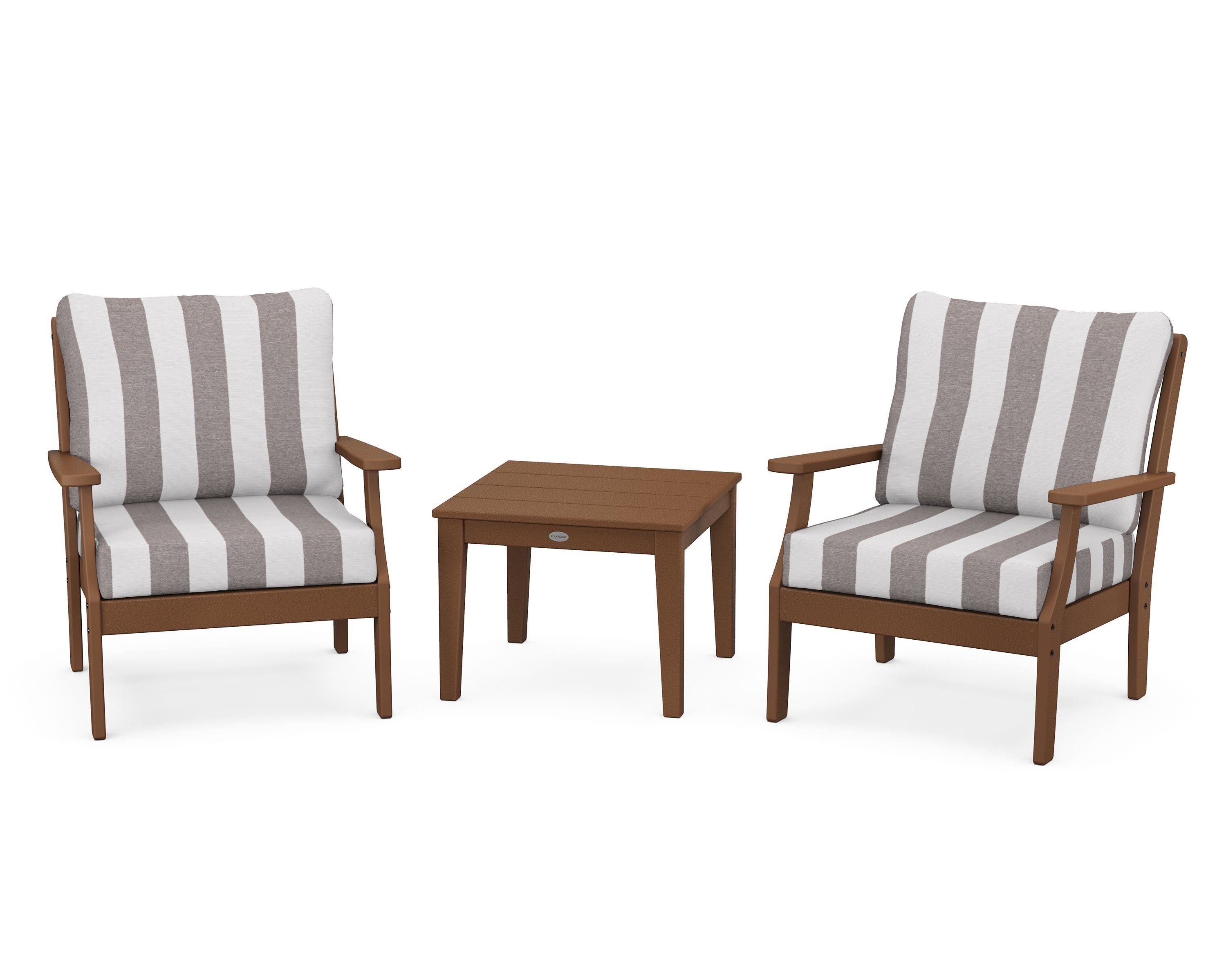POLYWOOD® Braxton 3-Piece Deep Seating Set in Teak / Cabana Stripe Grey Mist