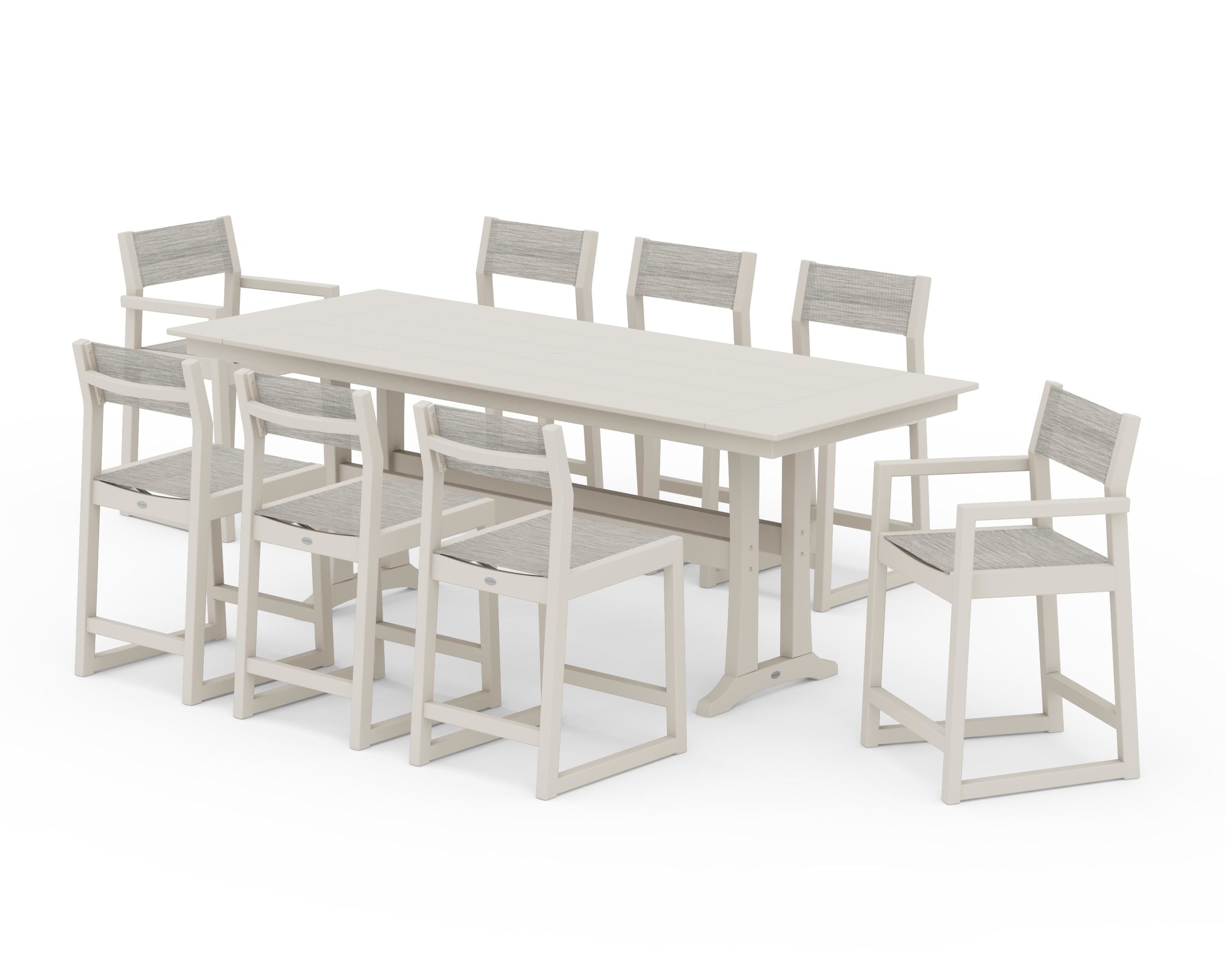 POLYWOOD® EDGE Sling 9-Piece Farmhouse Counter Set with Trestle Legs in Sand / Birch Sling