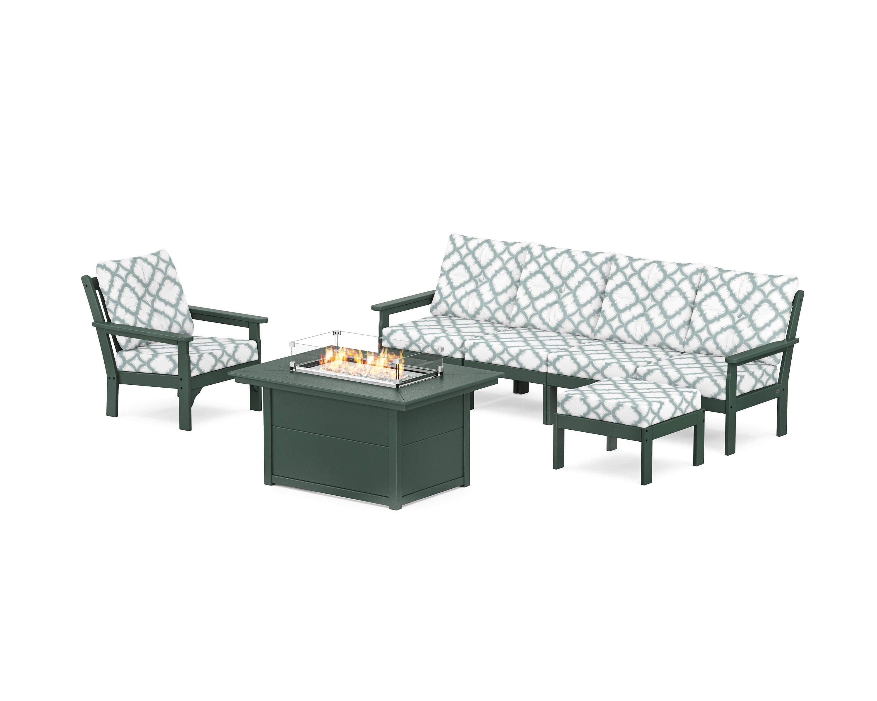 POLYWOOD® Vineyard Sectional Lounge and Fire Pit Set in Green / Trellis Glacier Spa