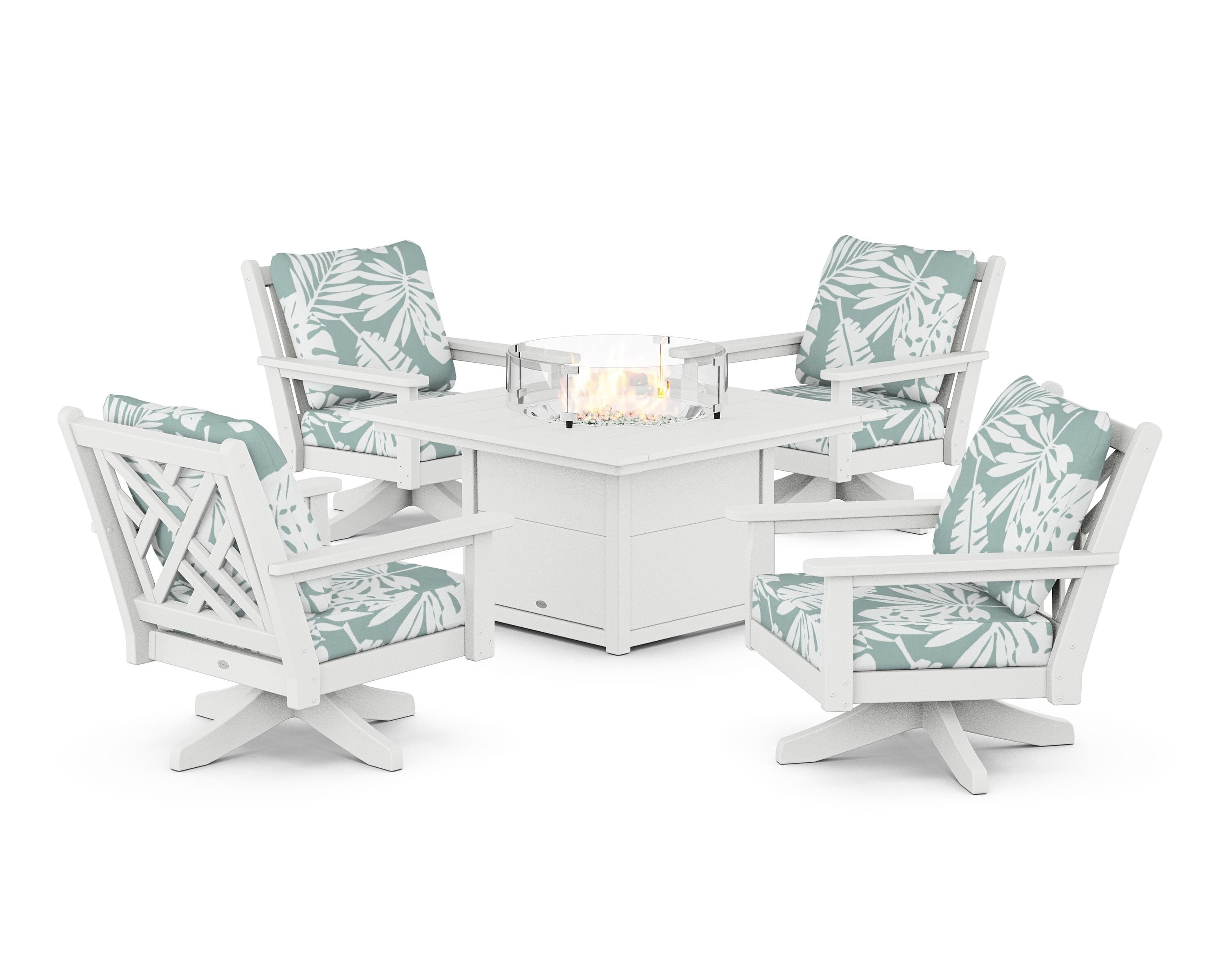 POLYWOOD® Chippendale 5-Piece Deep Seating Swivel Conversation Set with Fire Pit Table in White / Leaf Glacier Spa