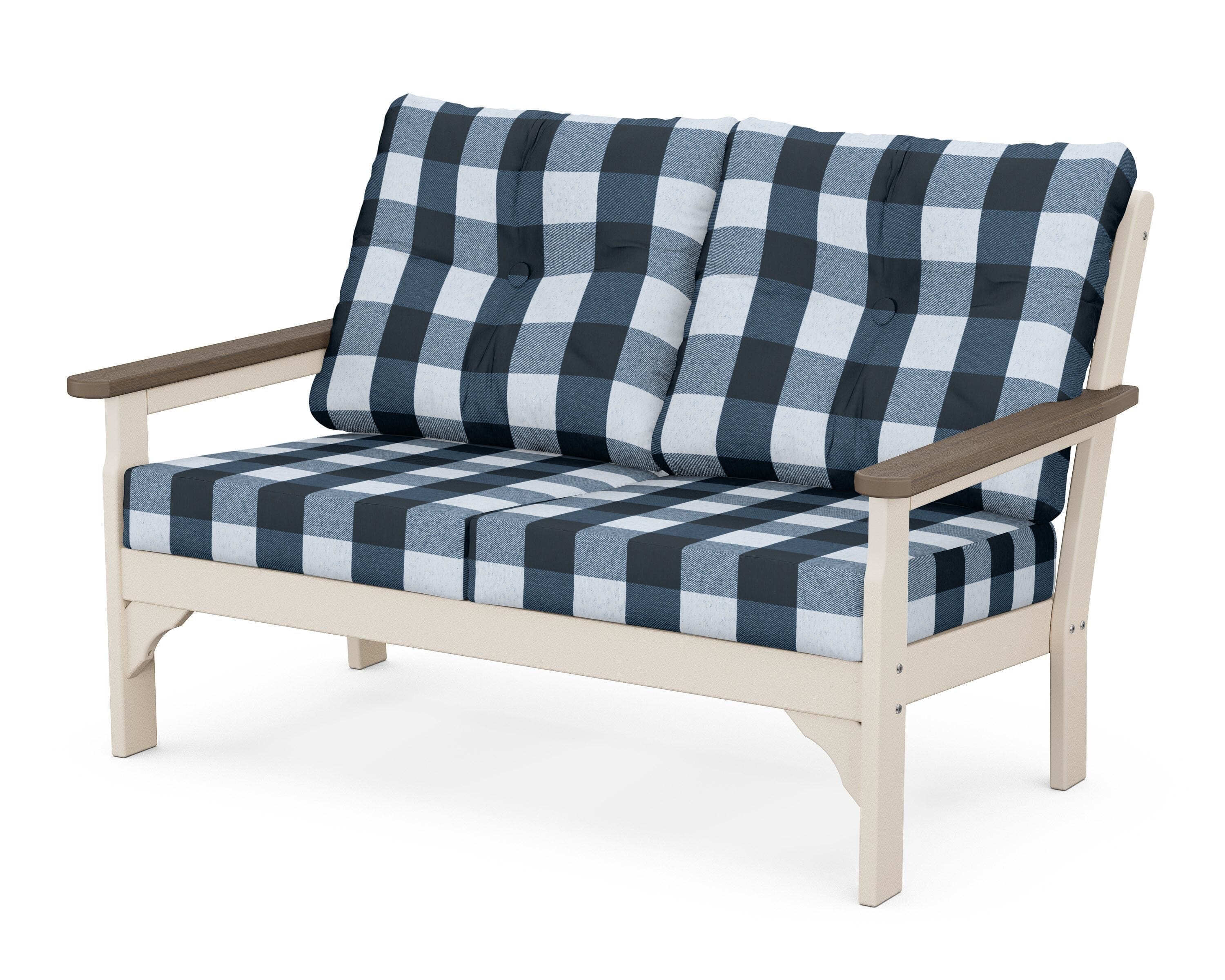 POLYWOOD® Vineyard Deep Seating Loveseat in Sand / Kona / Buffalo Plaid Marine Indigo