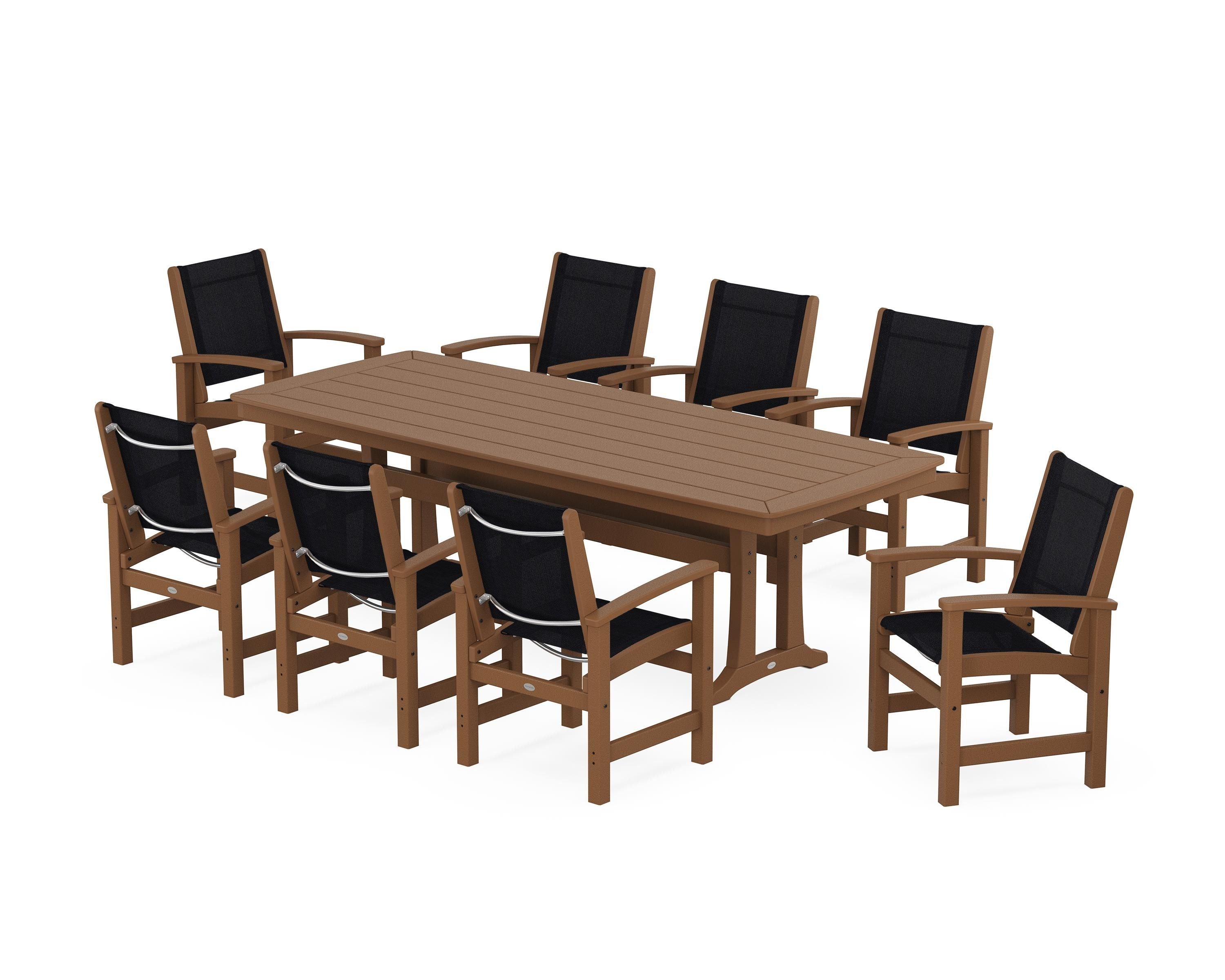 POLYWOOD® Coastal 9-Piece Dining Set with Trestle Legs in Teak / Black Sling