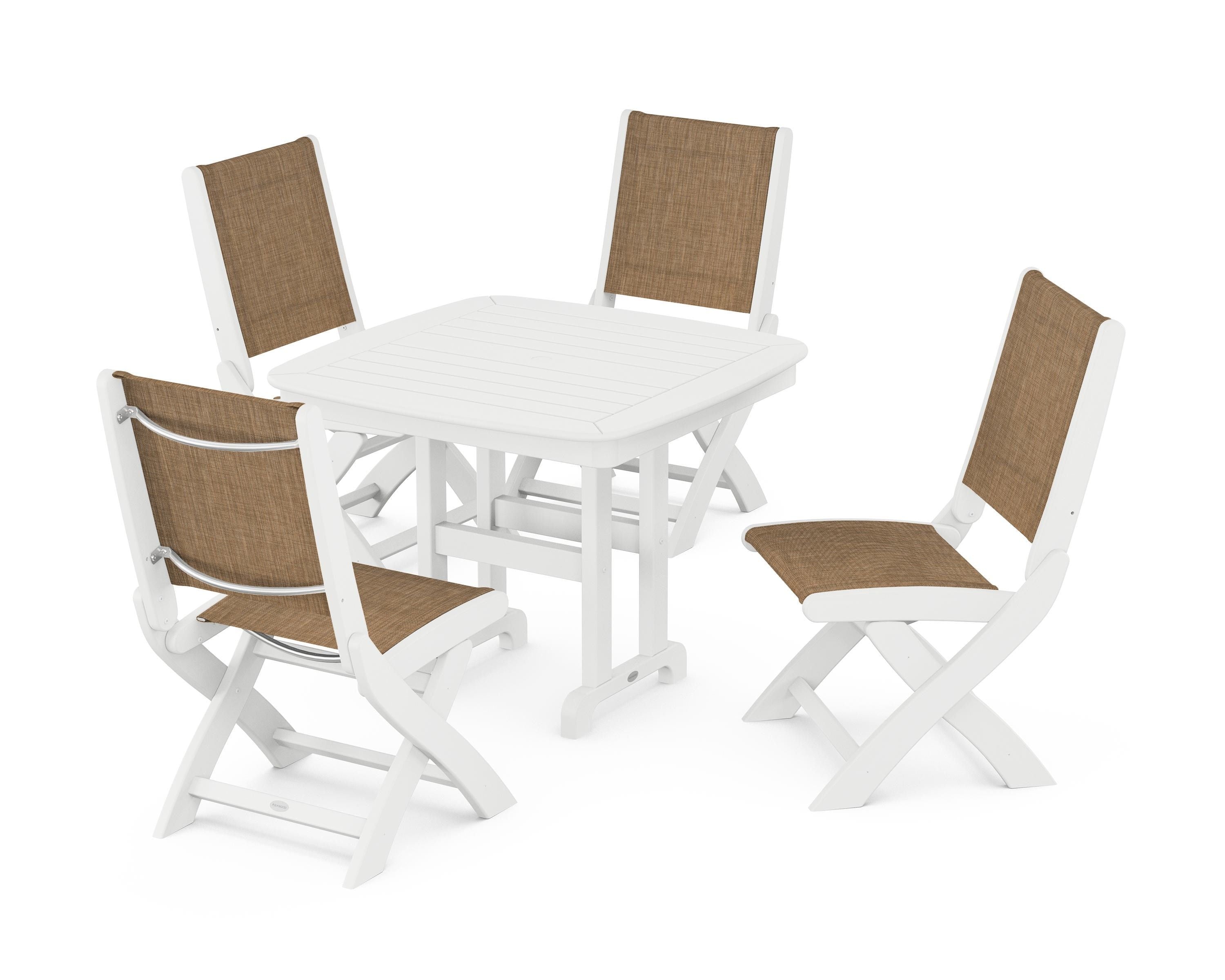 POLYWOOD® Coastal Folding Side Chair 5-Piece Dining Set in White / Burlap Sling