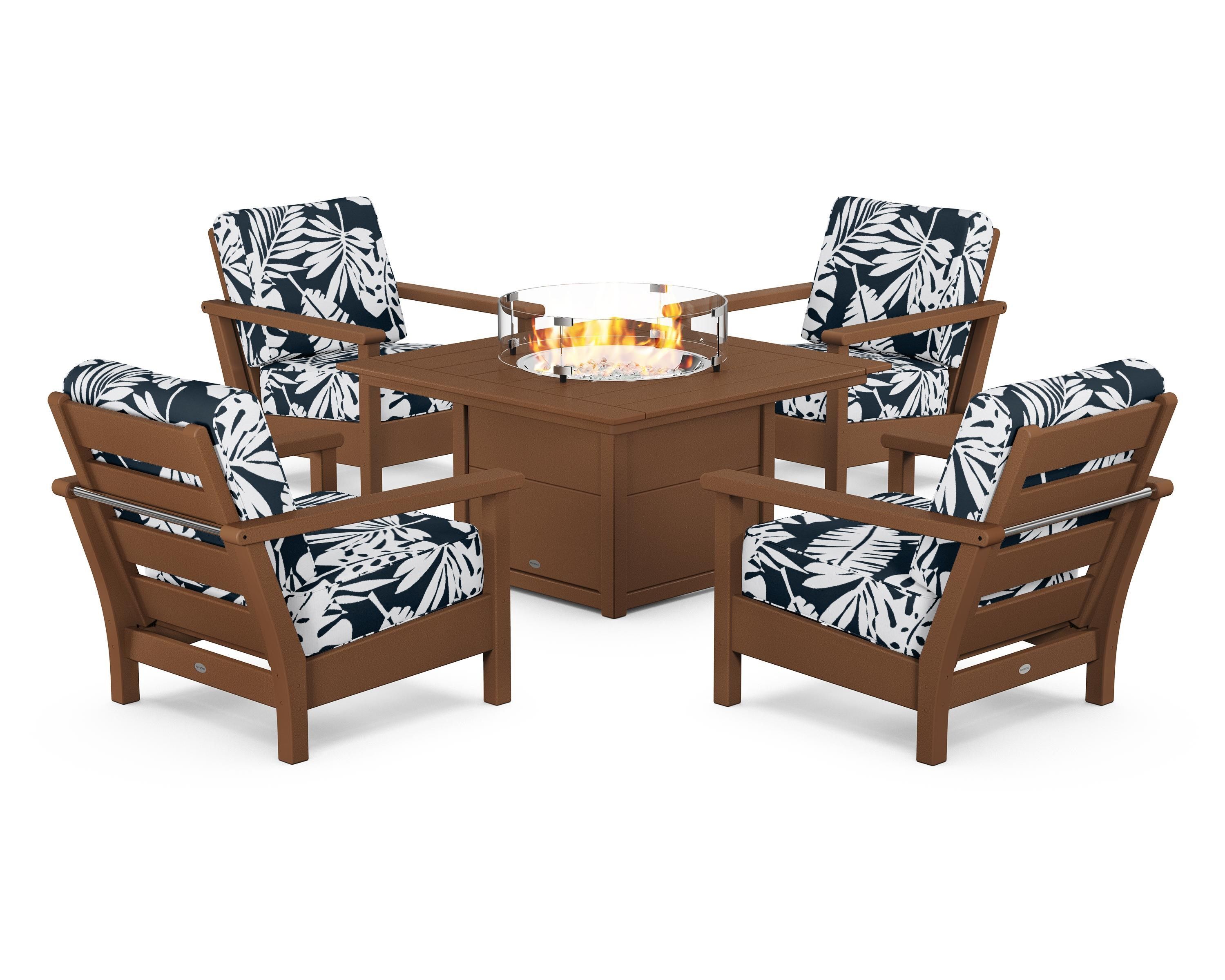 POLYWOOD® Harbour 5-Piece Conversation Set with Fire Pit Table in Teak / Leaf Marine Indigo