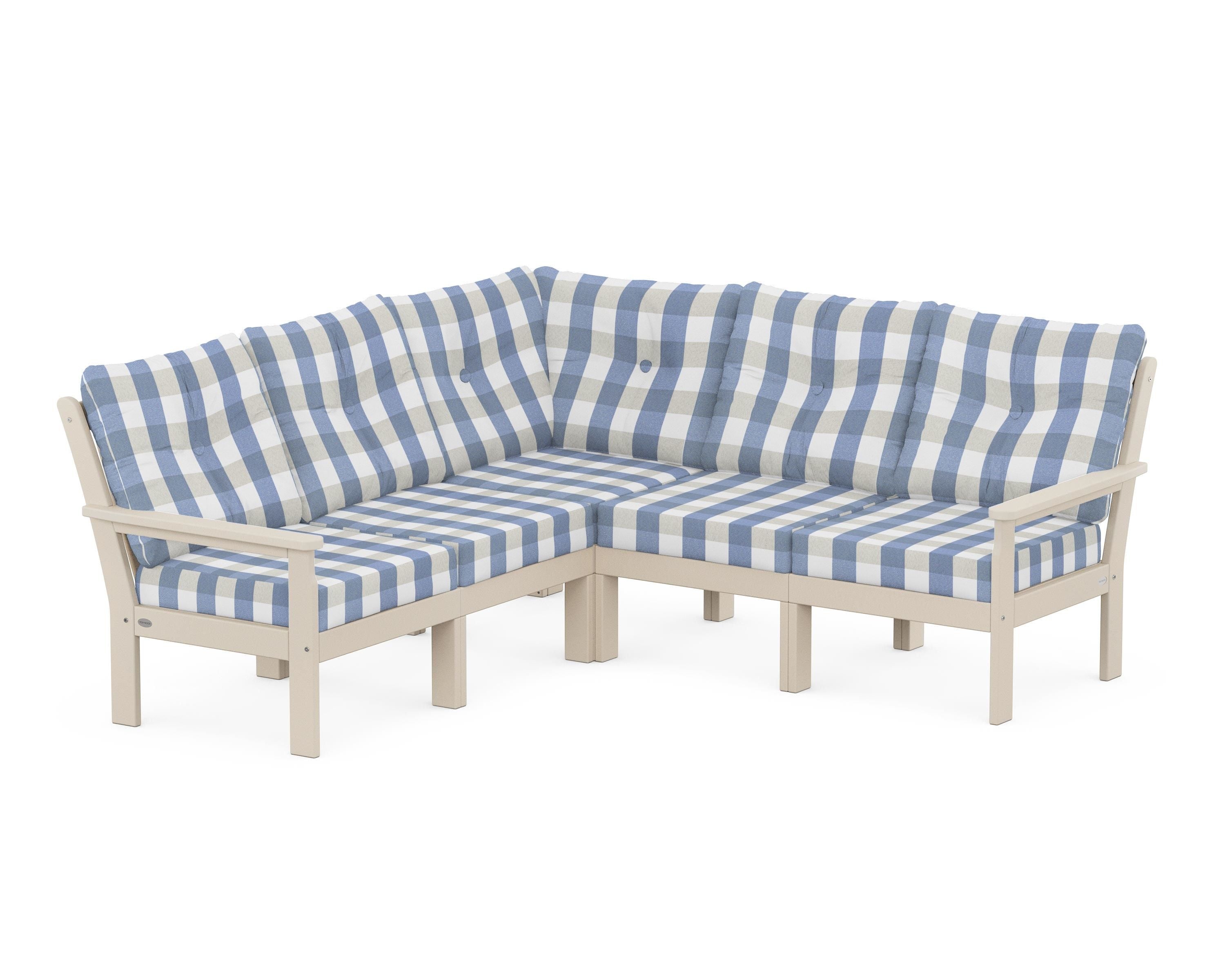 POLYWOOD® Vineyard 5-Piece Sectional in Sand / Buffalo Plaid Sky Blue
