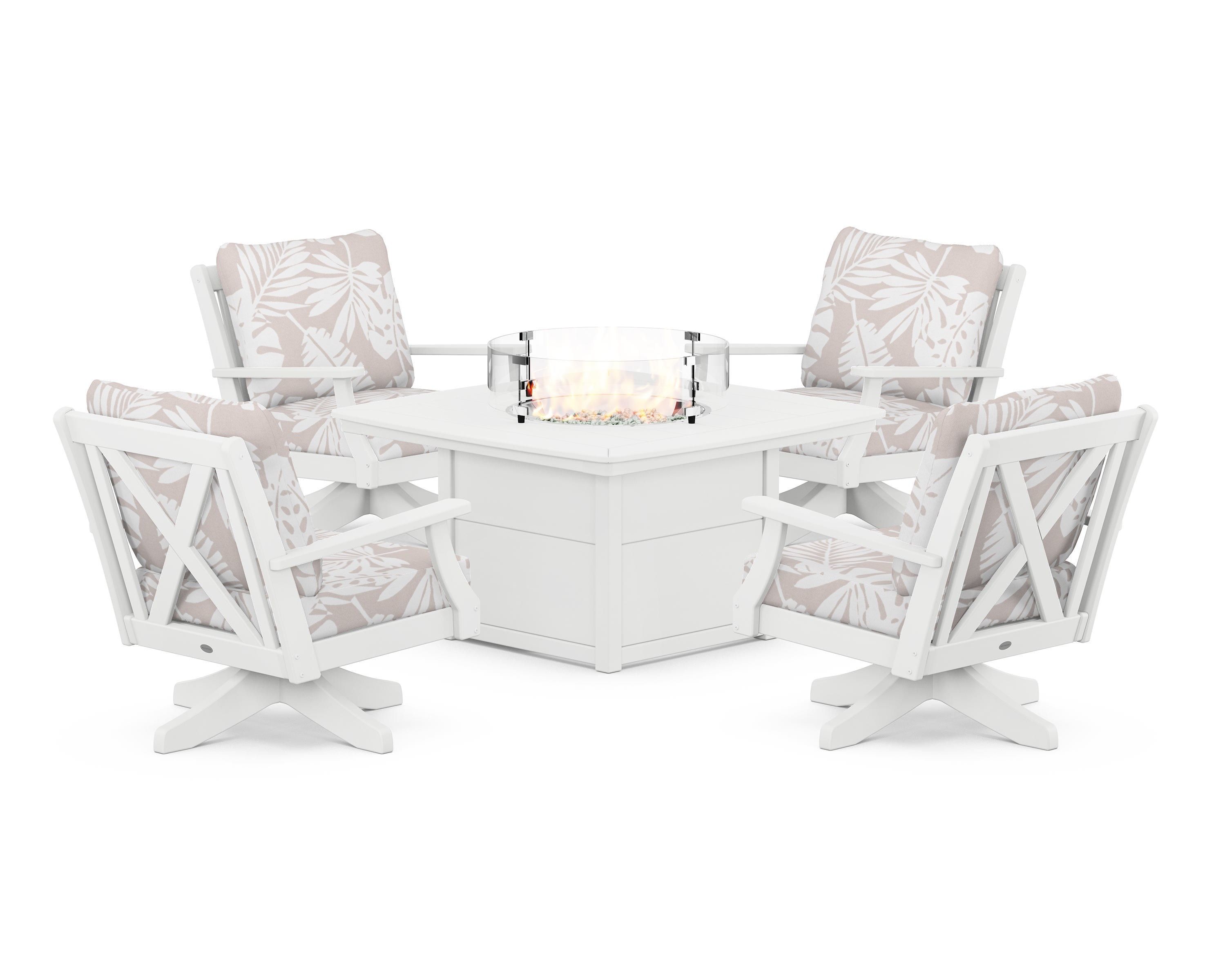 POLYWOOD® Braxton 5-Piece Deep Seating Swivel Conversation Set with Fire Pit Table in White / Leaf Dune Burlap