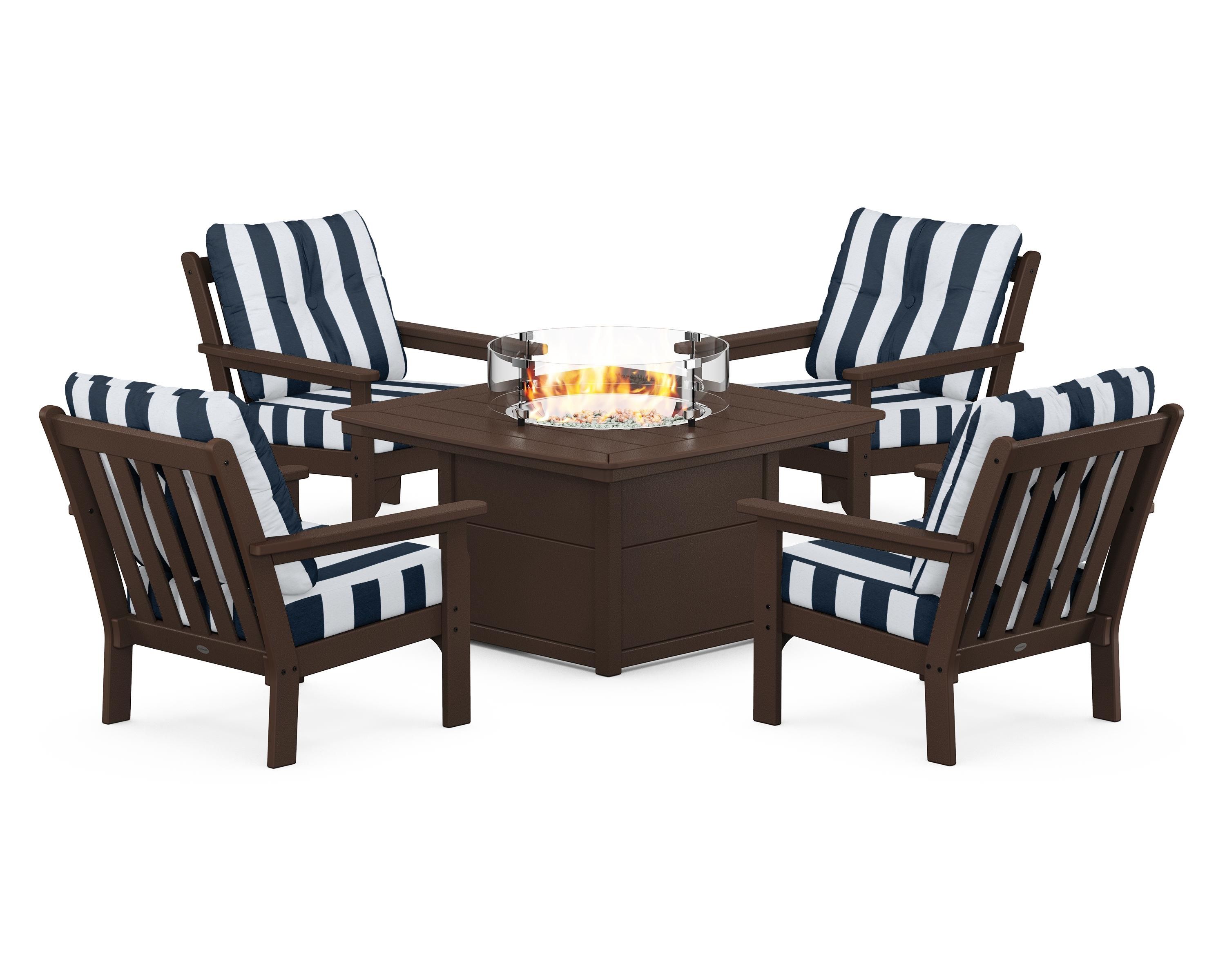 POLYWOOD® Vineyard 5-Piece Conversation Set with Fire Pit Table in Mahogany / Cabana Stripe Marine Indigo