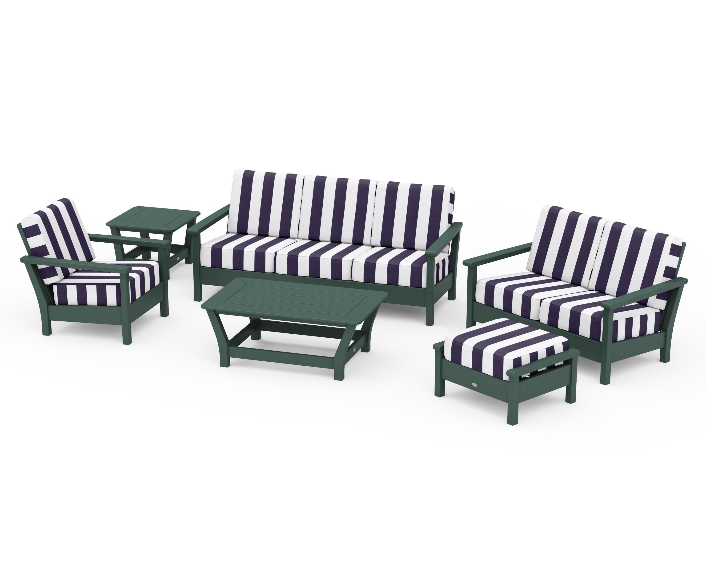 POLYWOOD® Harbour 6-Piece Outdoor Living Set in Green / Cabana Stripe Navy