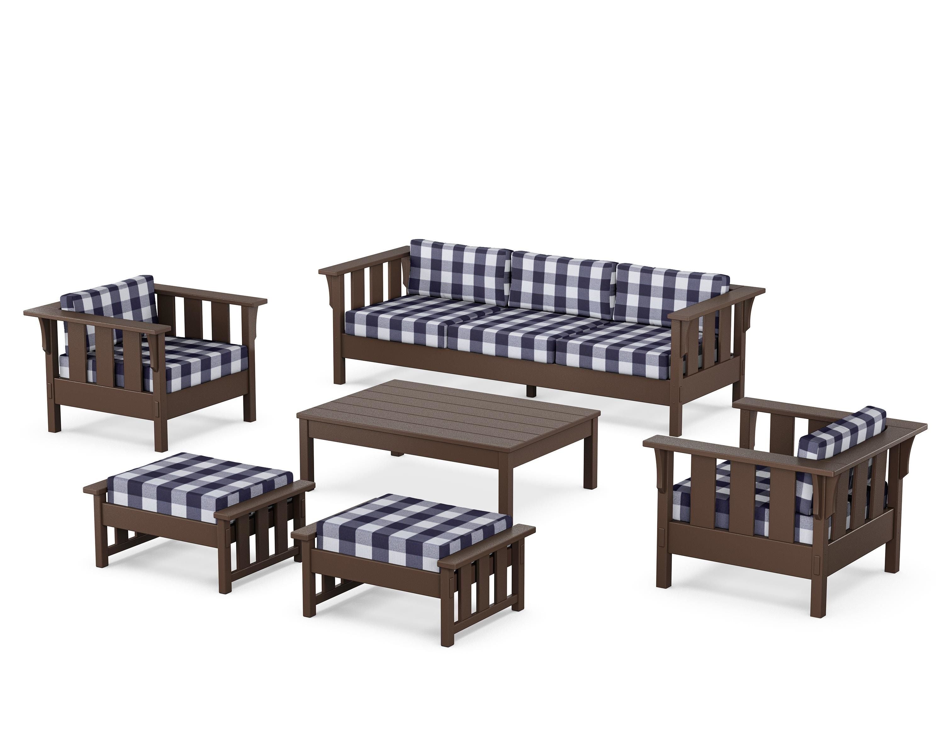 Martha Stewart by POLYWOOD® Acadia 6-Piece Lounge Sofa Set in Mahogany / Buffalo Plaid Navy