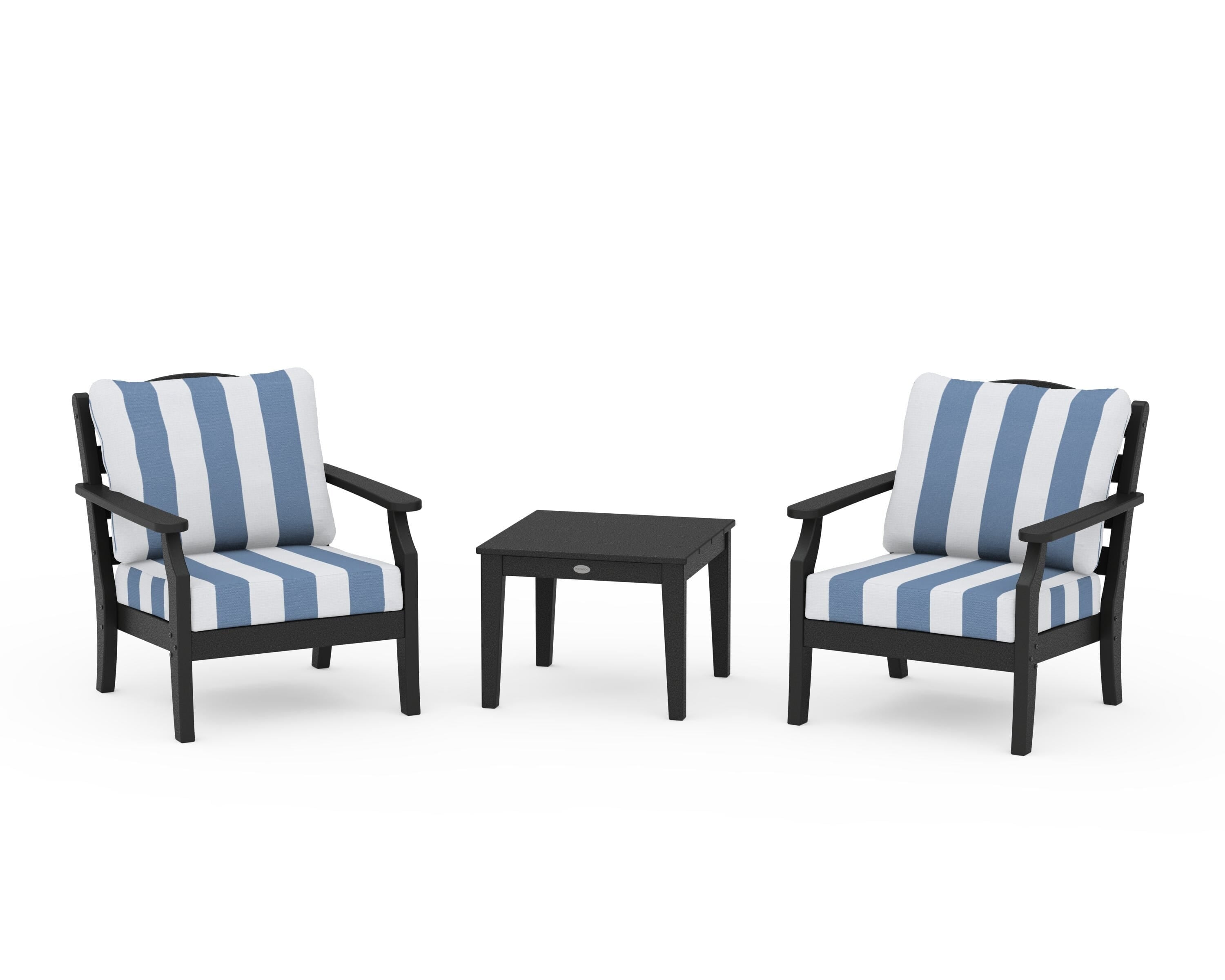 Draper James™ by POLYWOOD® Savannah 3-Piece Deep Seating Set in Black / Cabana Stripe Sky Blue