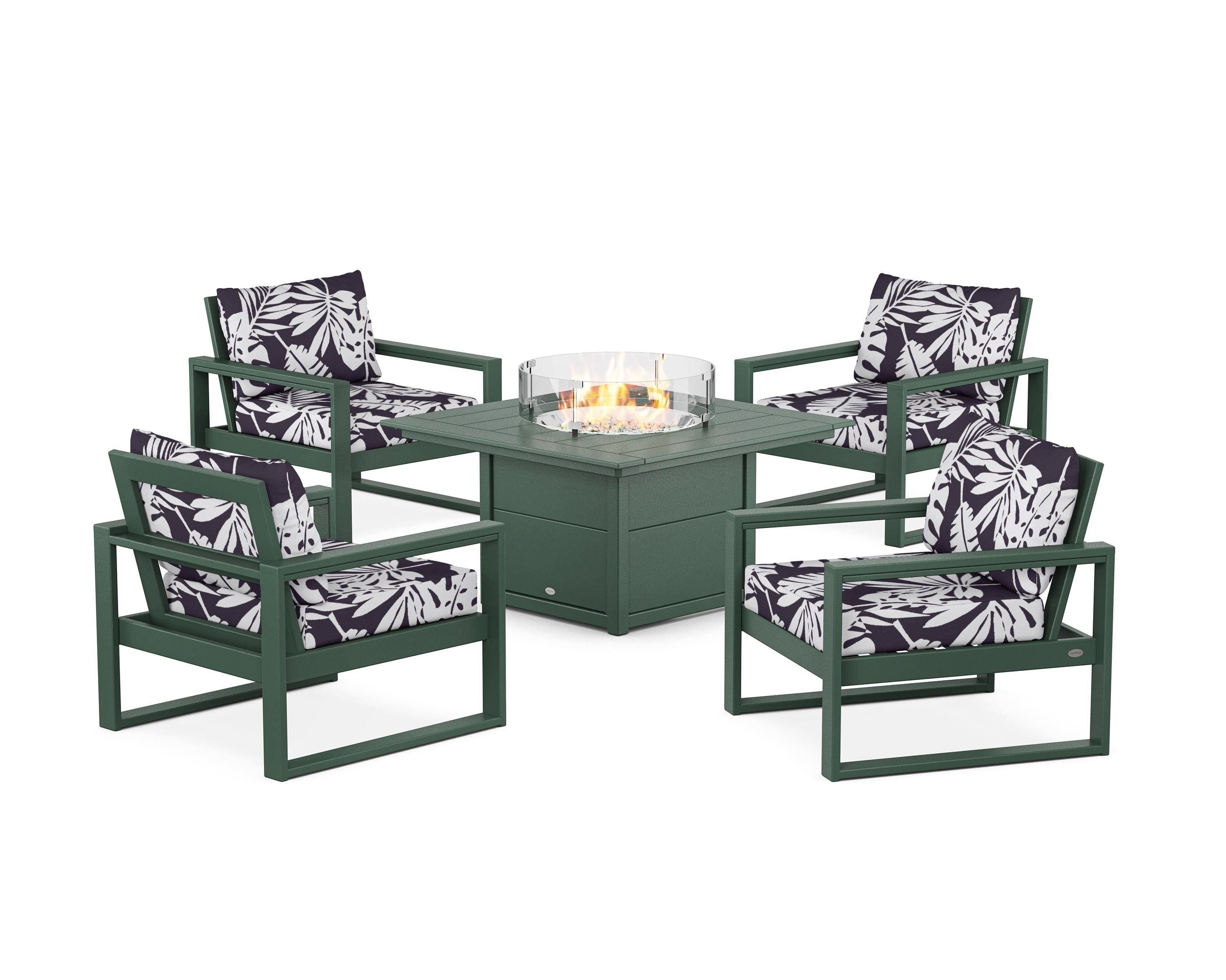 POLYWOOD® EDGE Sectional 5-Piece Deep Seating Set with Fire Pit Table in Green / Leaf Navy
