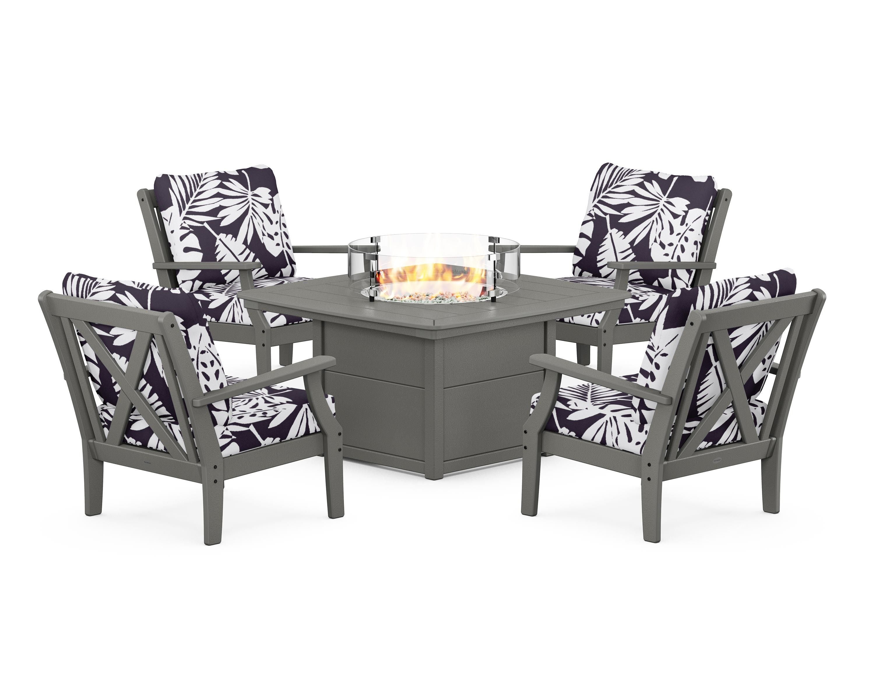 POLYWOOD® Braxton 5-Piece Deep Seating Conversation Set with Fire Pit Table in Slate Grey / Leaf Navy