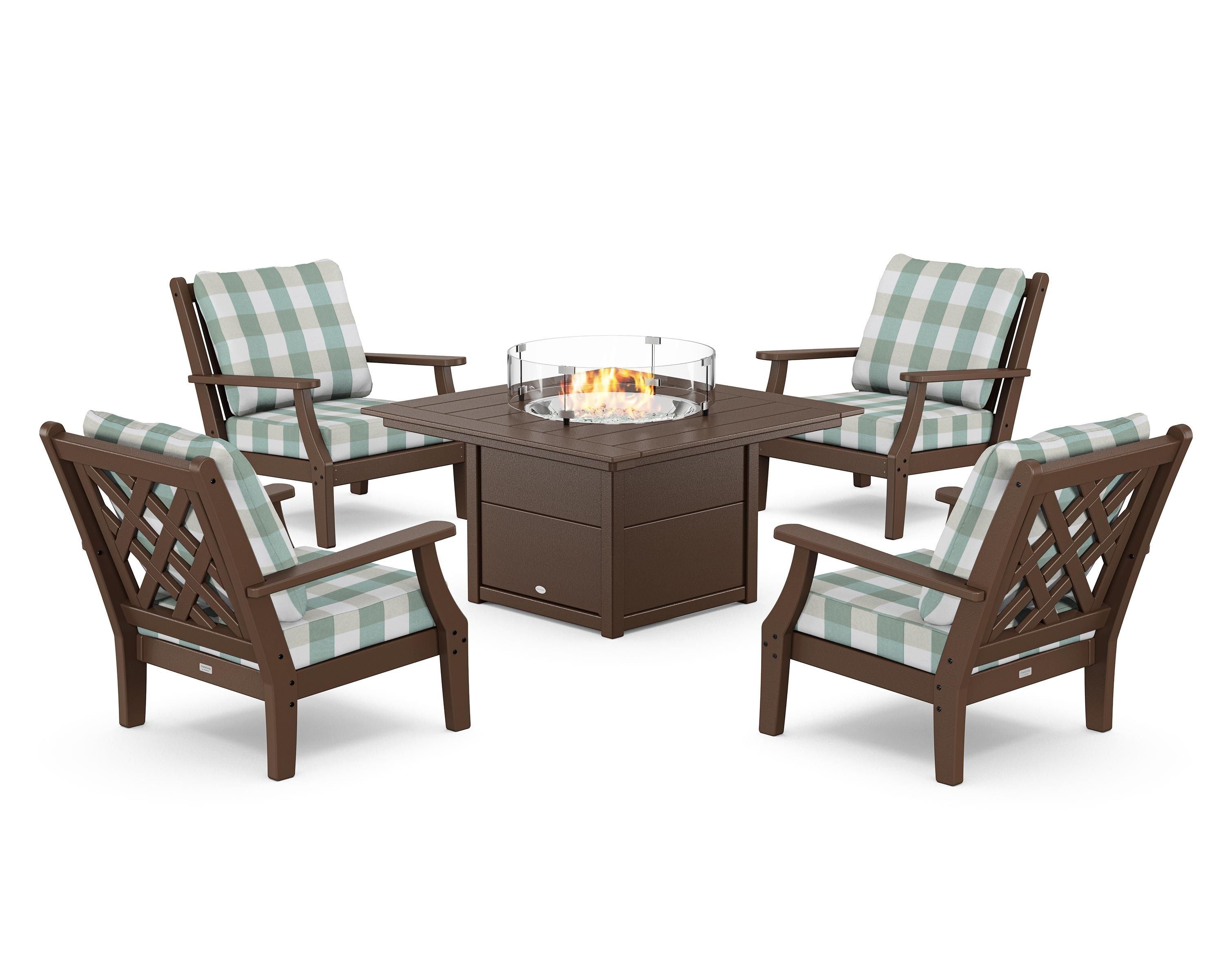 Country Living Wovendale 5-Piece Deep Seating Set with Fire Pit Table in Mahogany / Buffalo Plaid Glacier Spa