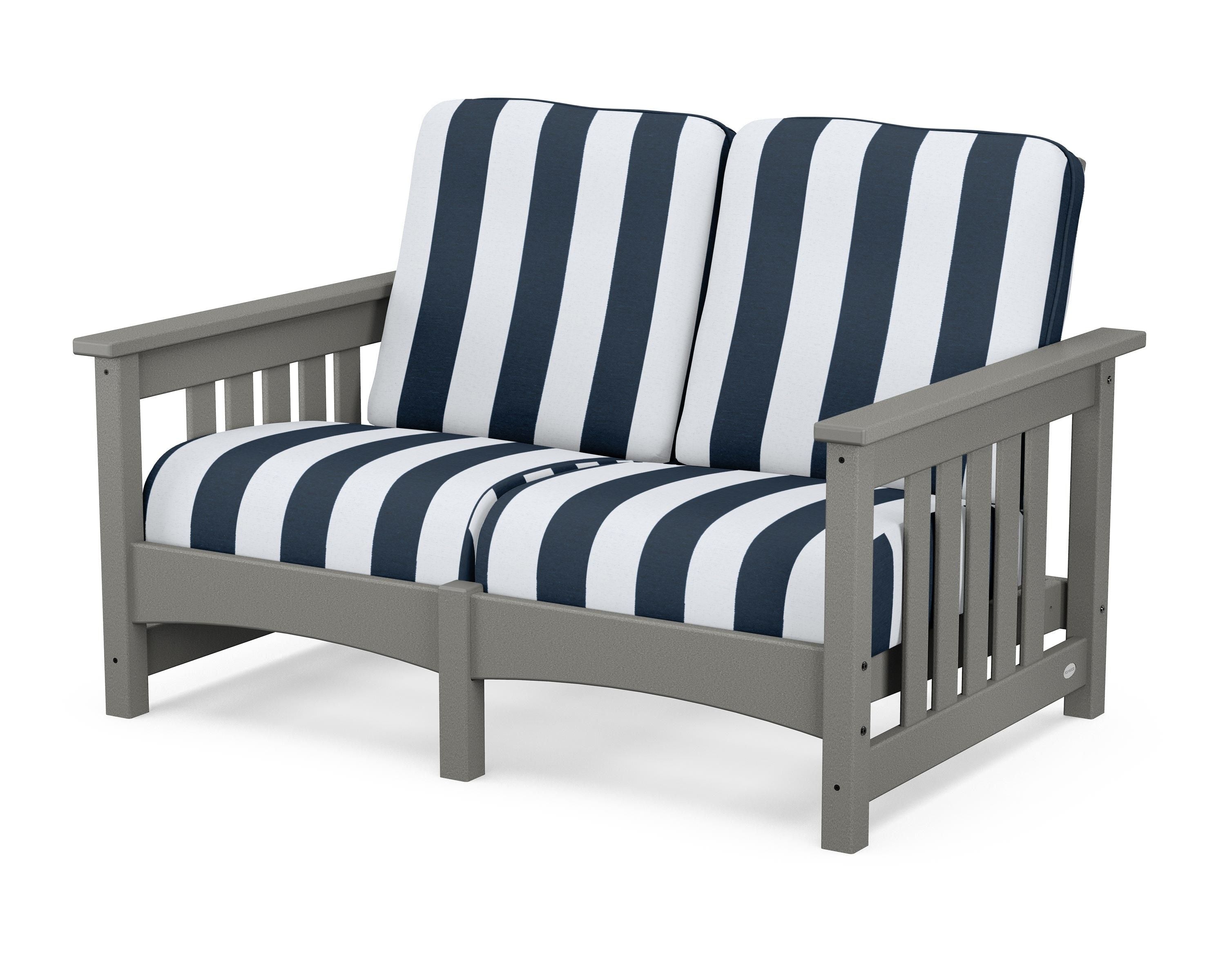 POLYWOOD® Club Mission Loveseat in Slate Grey / Cabana Stripe Marine Indigo