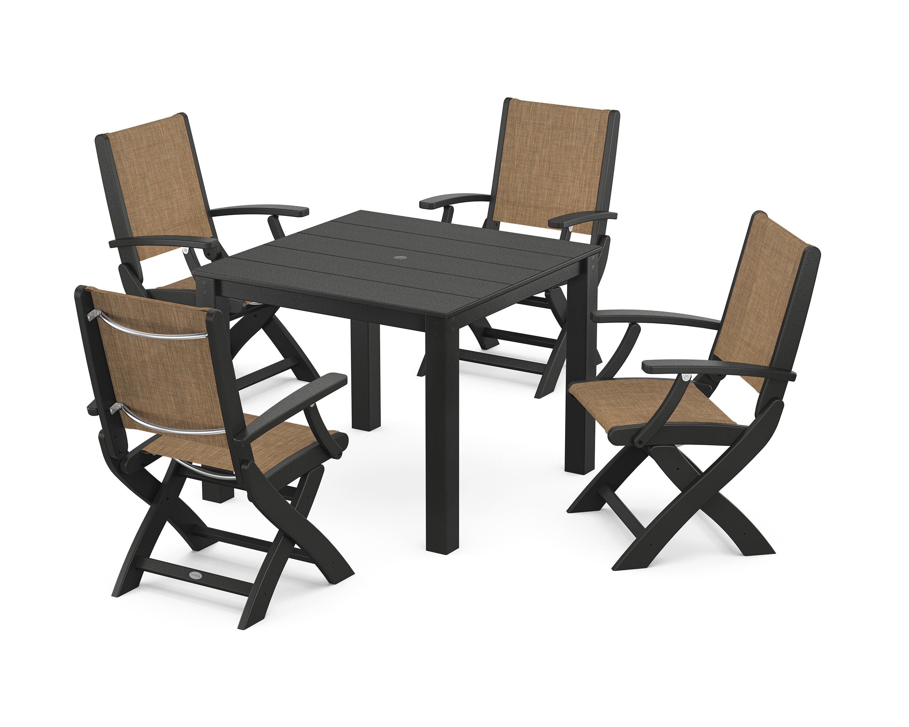 POLYWOOD® Coastal Folding Chair 5-Piece Parsons Dining Set in Black / Burlap Sling