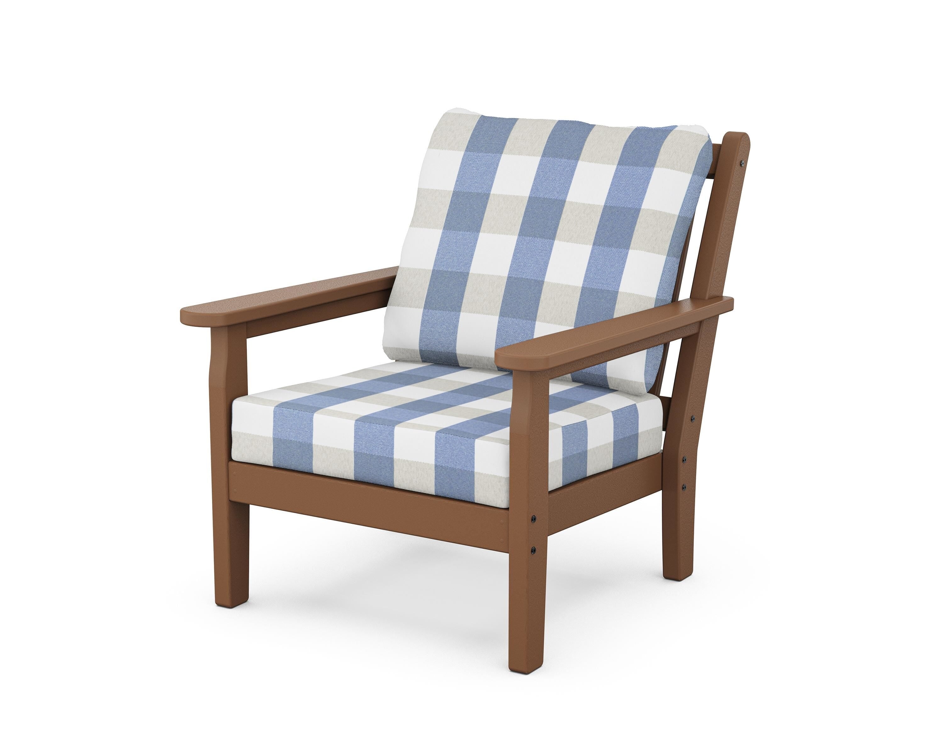 POLYWOOD® Chippendale Deep Seating Chair in Teak / Buffalo Plaid Sky Blue