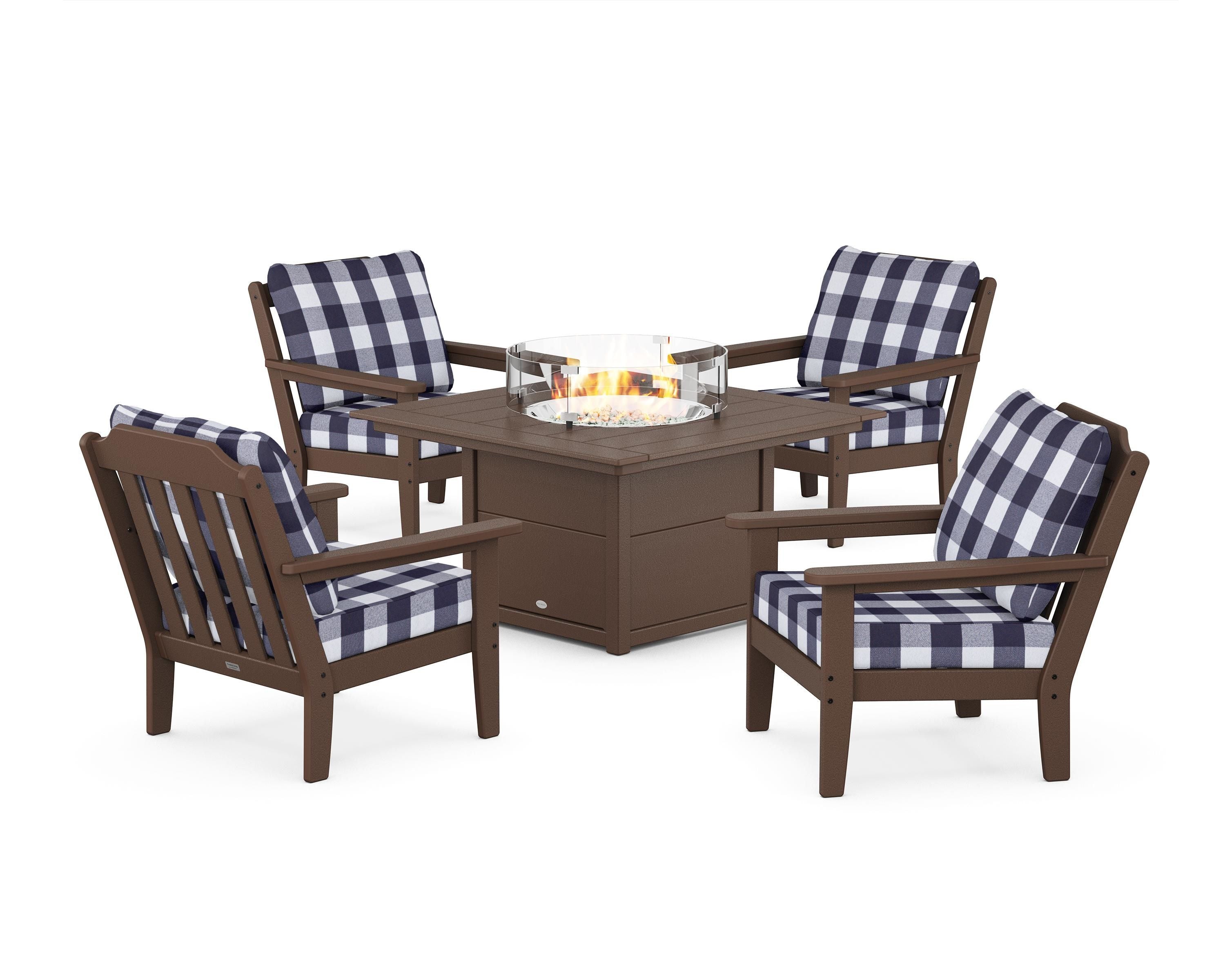 Country Living Cottage 5-Piece Deep Seating Set with Fire Pit Table in Mahogany / Buffalo Plaid Navy