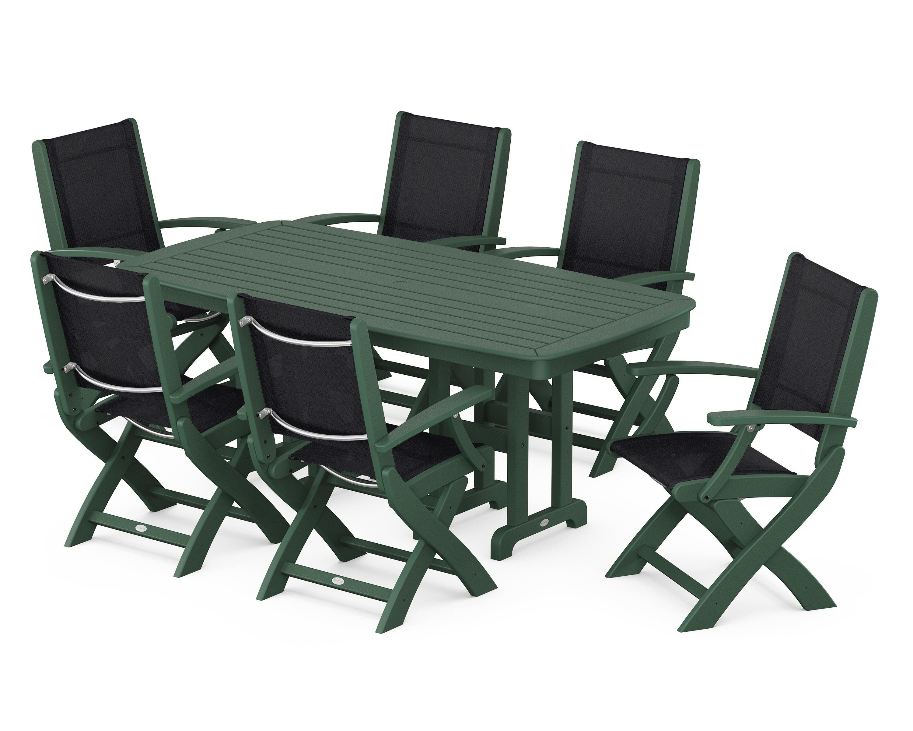 POLYWOOD® Coastal Folding Arm Chair 7-Piece Dining Set in Green / Black Sling