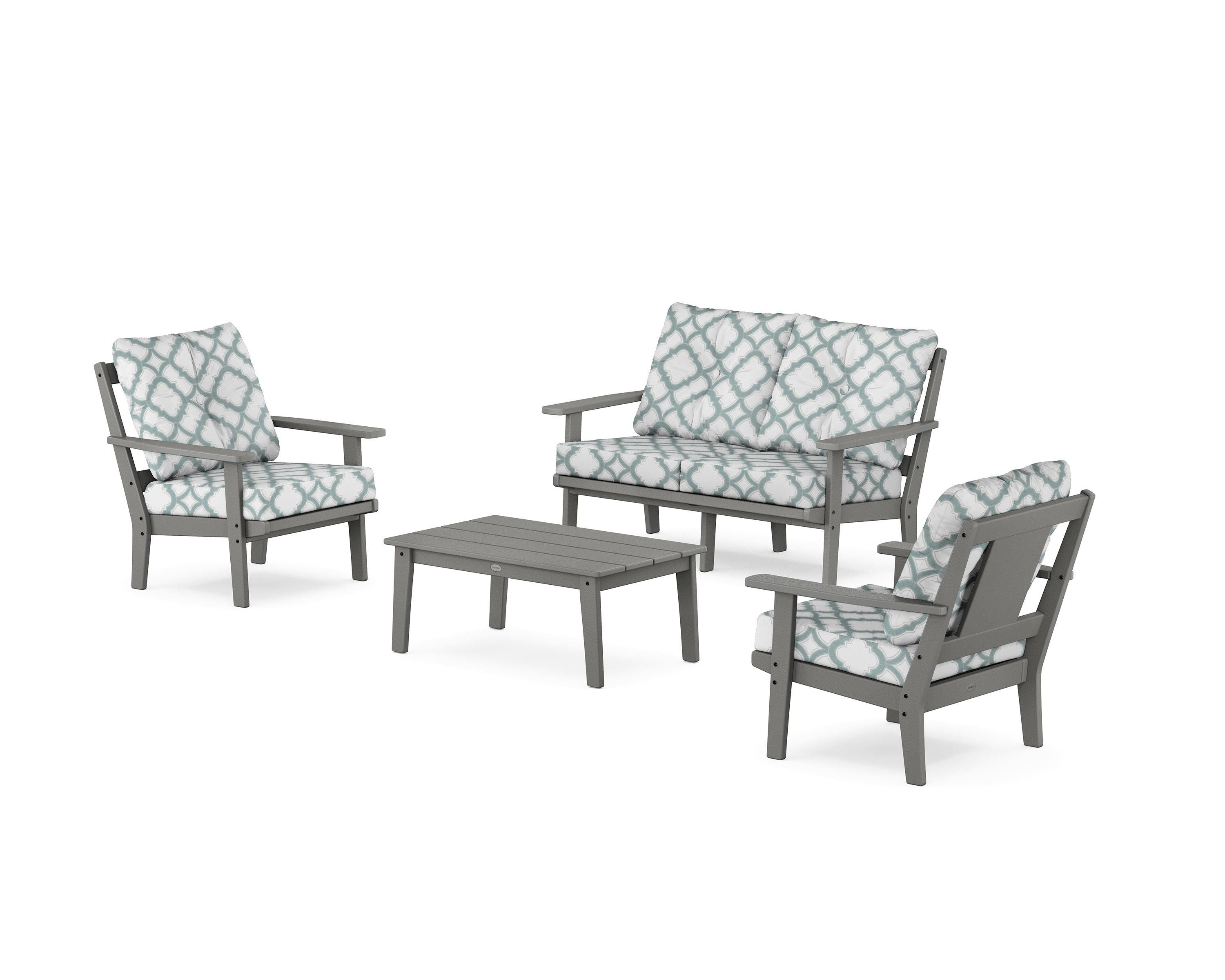 POLYWOOD® Prairie 4-Piece Deep Seating Set with Loveseat in Slate Grey / Trellis Glacier Spa