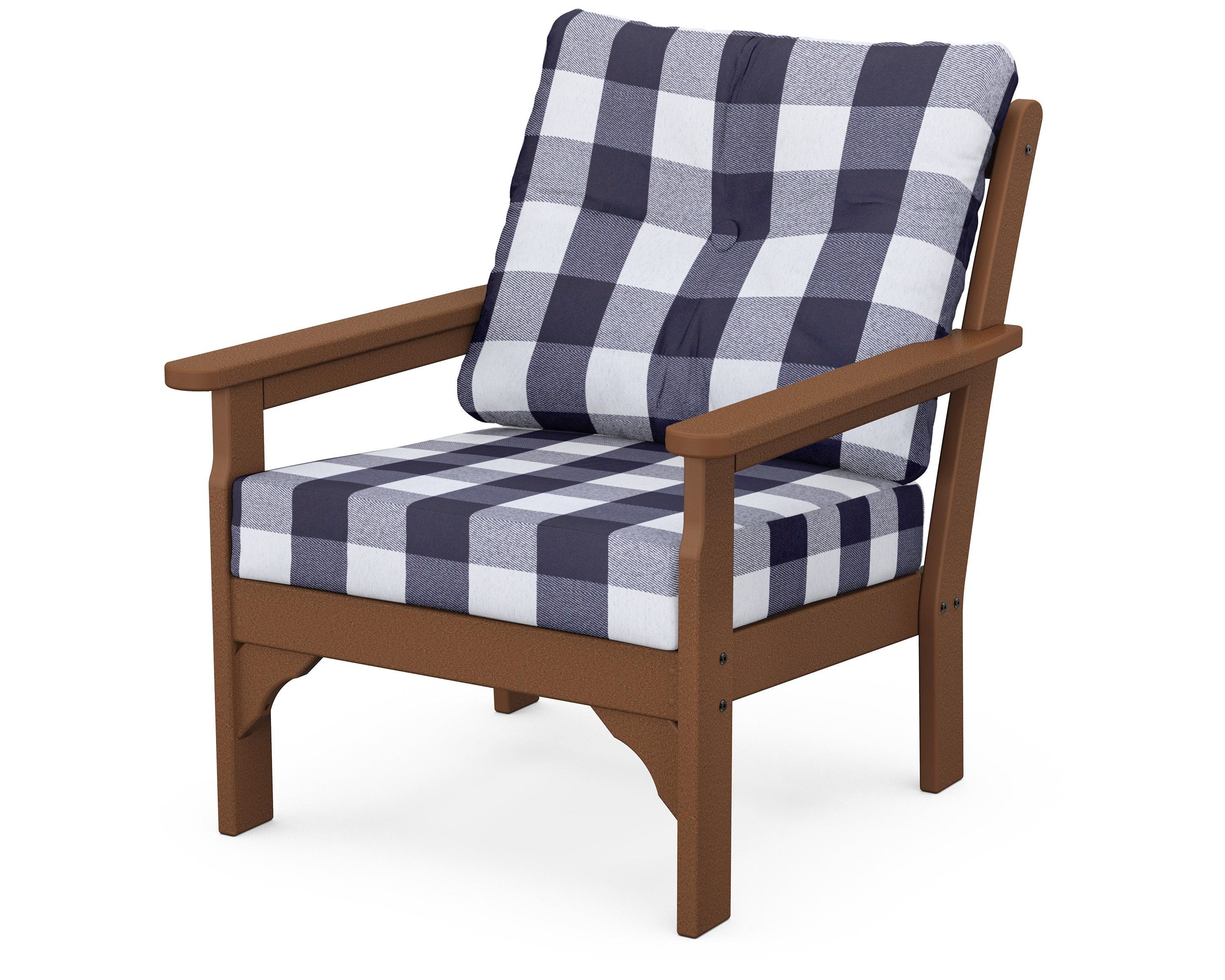 POLYWOOD® Vineyard Deep Seating Chair in Teak / Buffalo Plaid Navy