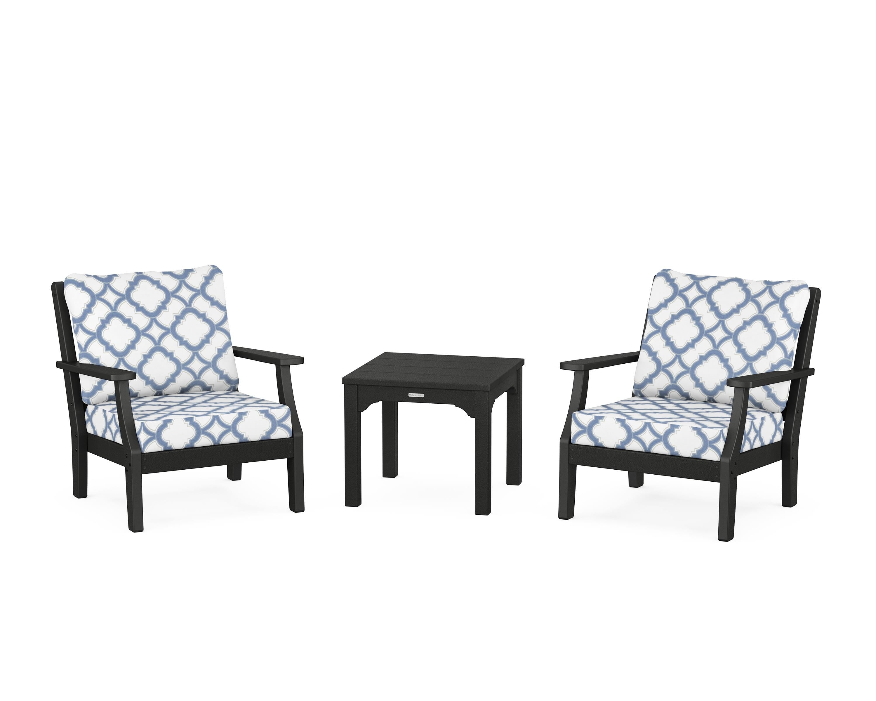 Martha Stewart by POLYWOOD® Chinoiserie 3-Piece Deep Seating Set in Black / Trellis Sky Blue