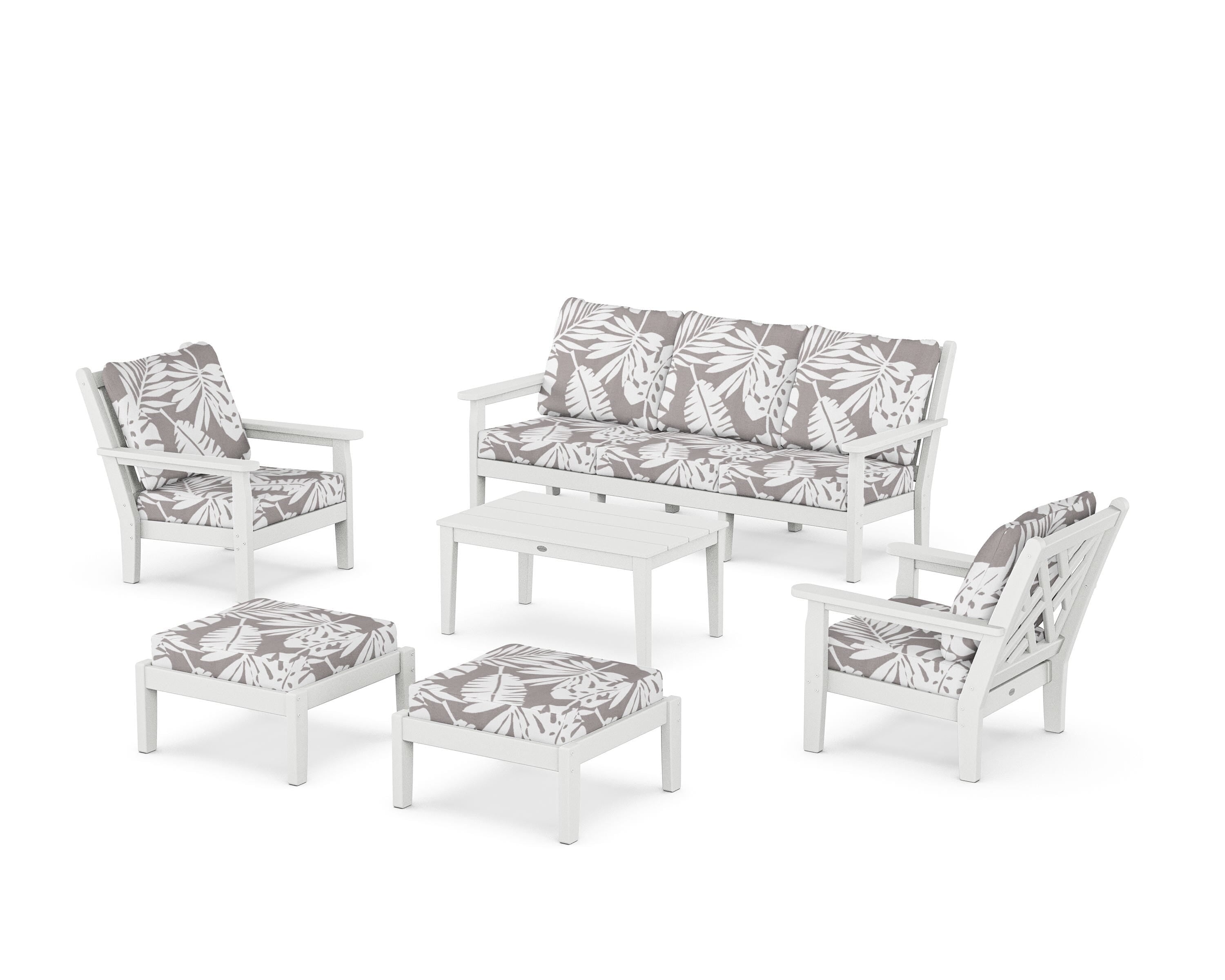 POLYWOOD® Chippendale 6-Piece Lounge Sofa Set in White / Leaf Grey Mist
