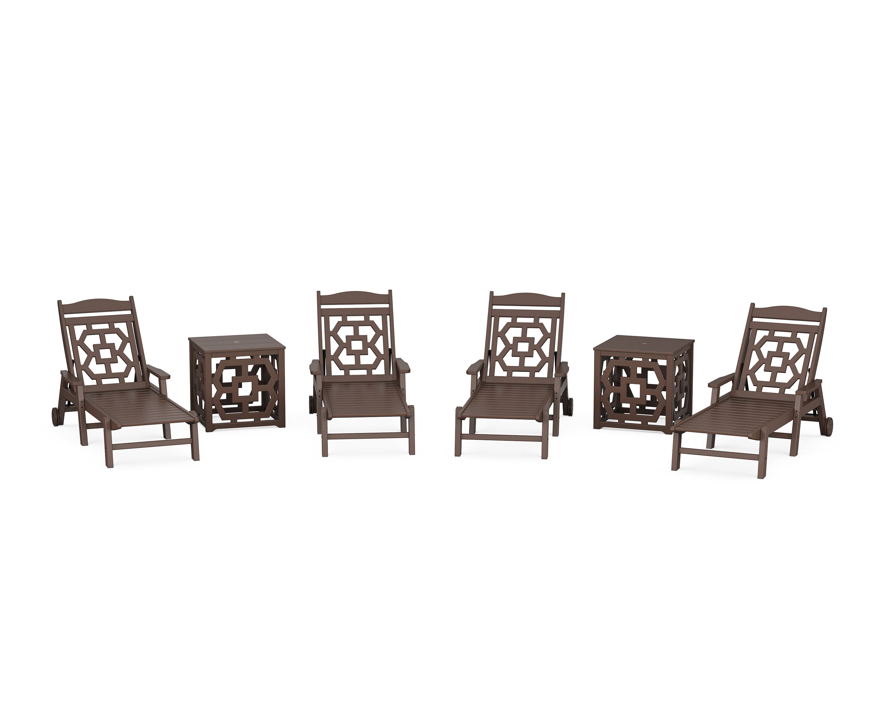 Martha Stewart by POLYWOOD® Chinoiserie 6-Piece Chaise Set with Umbrella Stand Accent Table in Mahogany