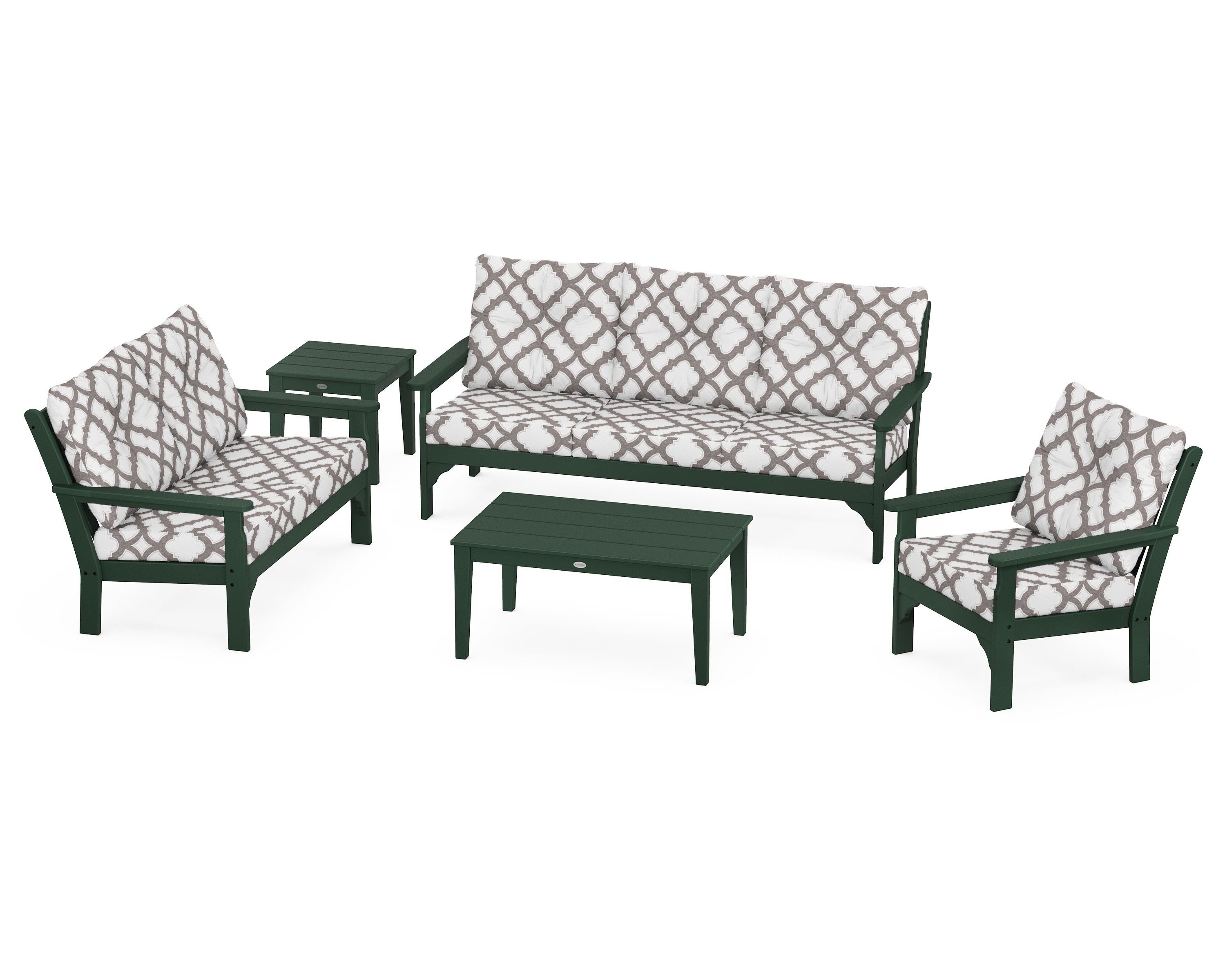 POLYWOOD® Vineyard 5 Piece Deep Seating Set in Green / Trellis Grey Mist