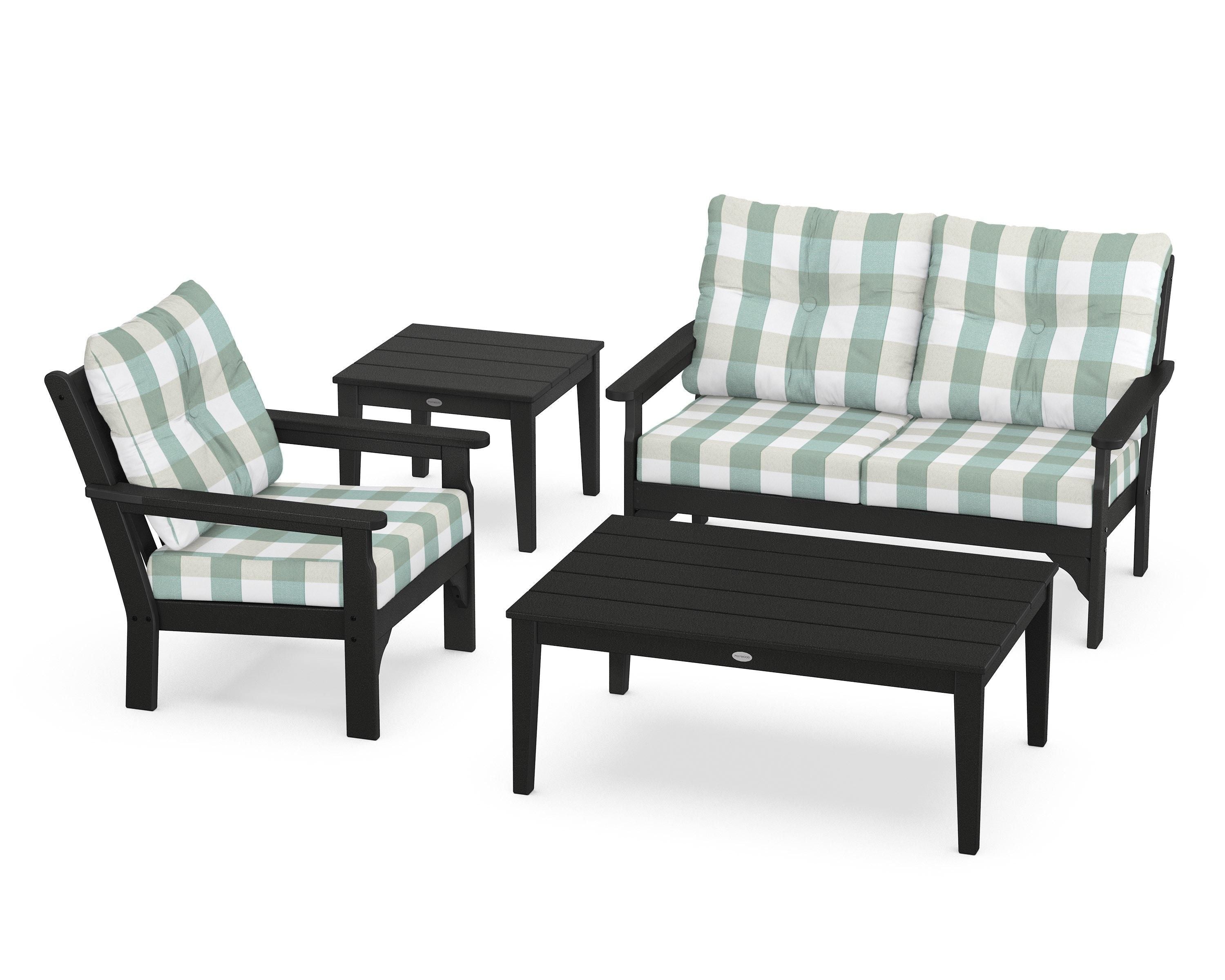 POLYWOOD® Vineyard 4-Piece Deep Seating Set in Black / Buffalo Plaid Glacier Spa