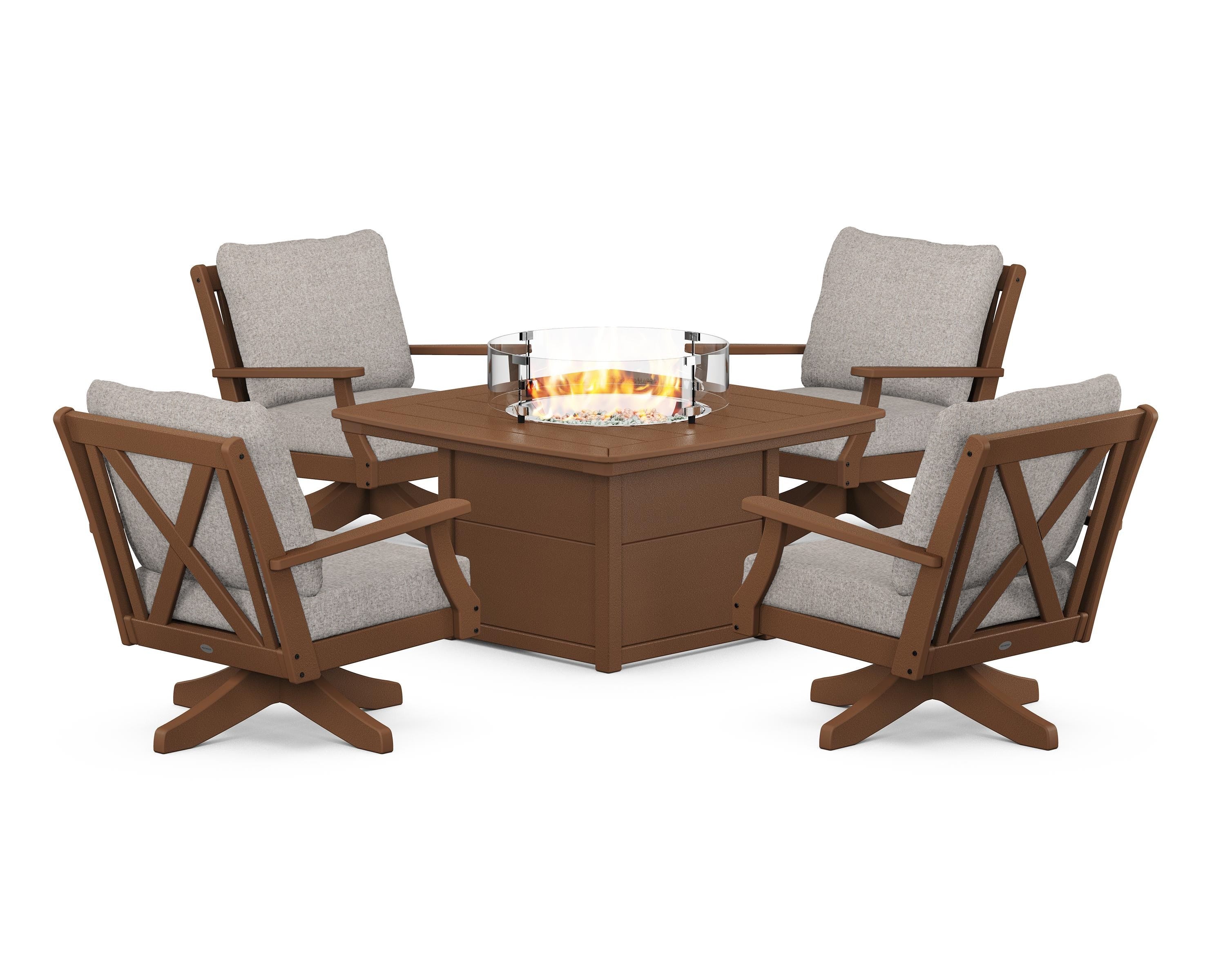 POLYWOOD® Braxton 5-Piece Deep Seating Swivel Conversation Set with Fire Pit Table in Teak / Weathered Tweed