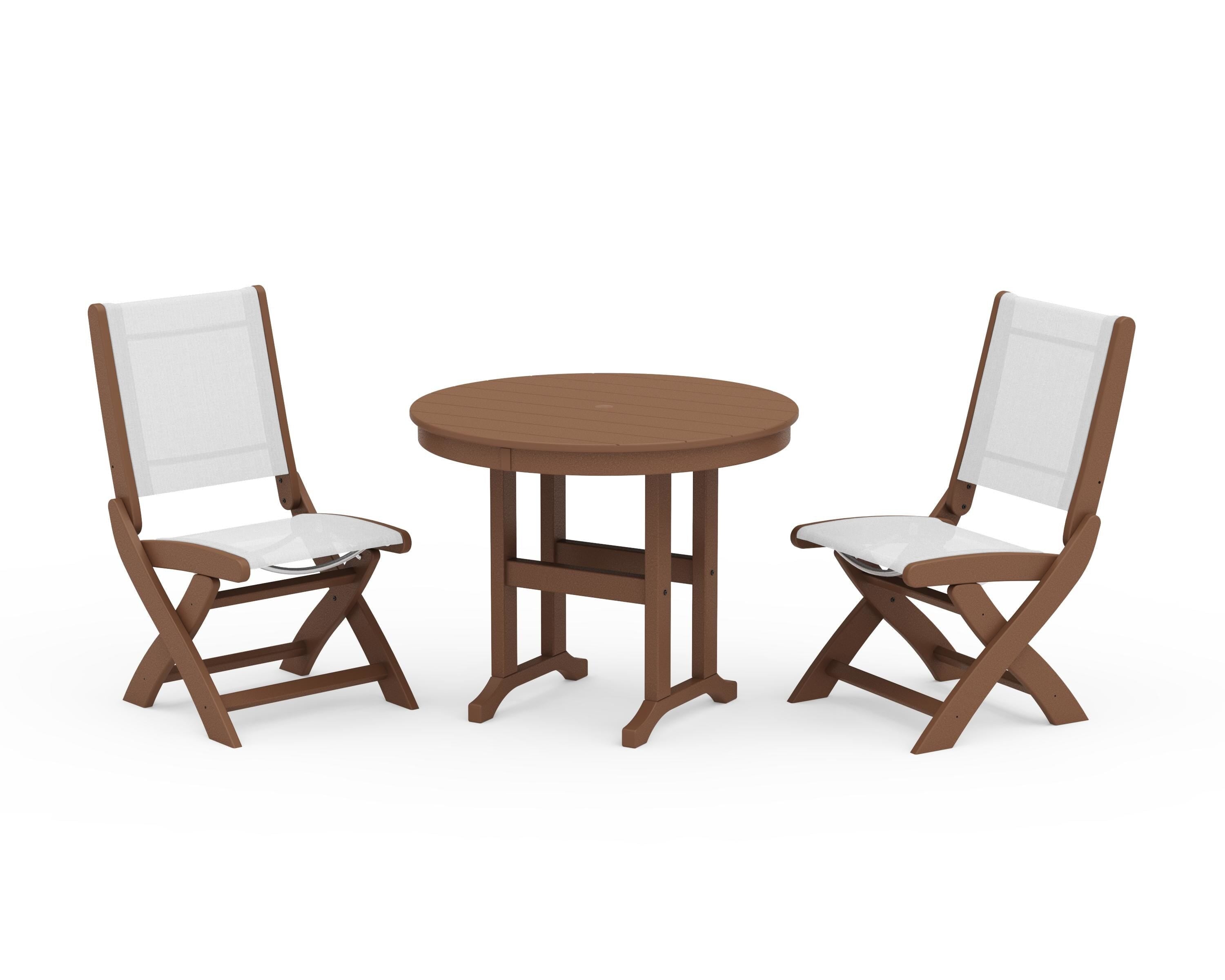 POLYWOOD® Coastal Folding Side Chair 3-Piece Round Dining Set in Teak / White Sling