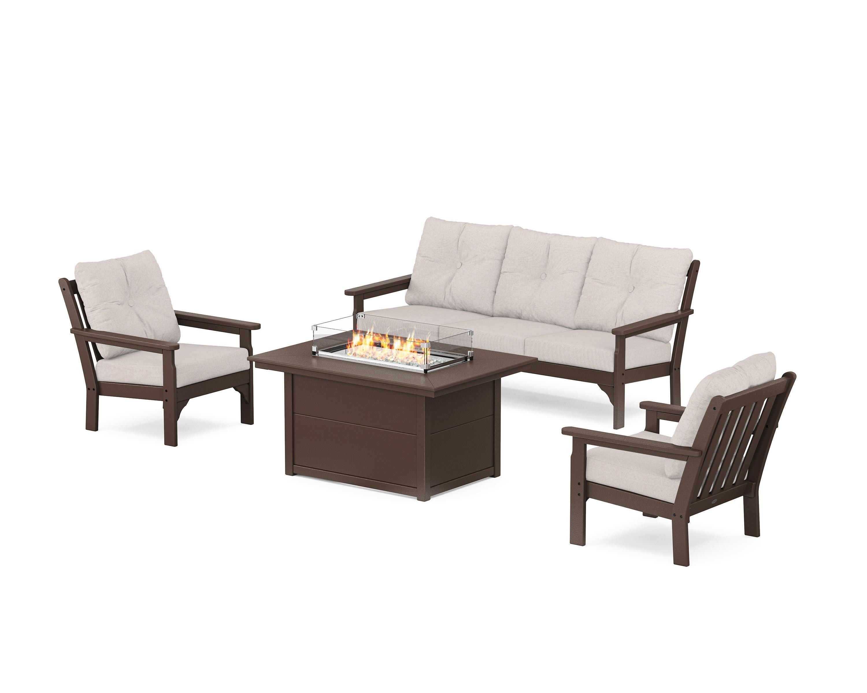 POLYWOOD® Vineyard Deep Seating Fire Pit Table Set in Mahogany / Dune Burlap