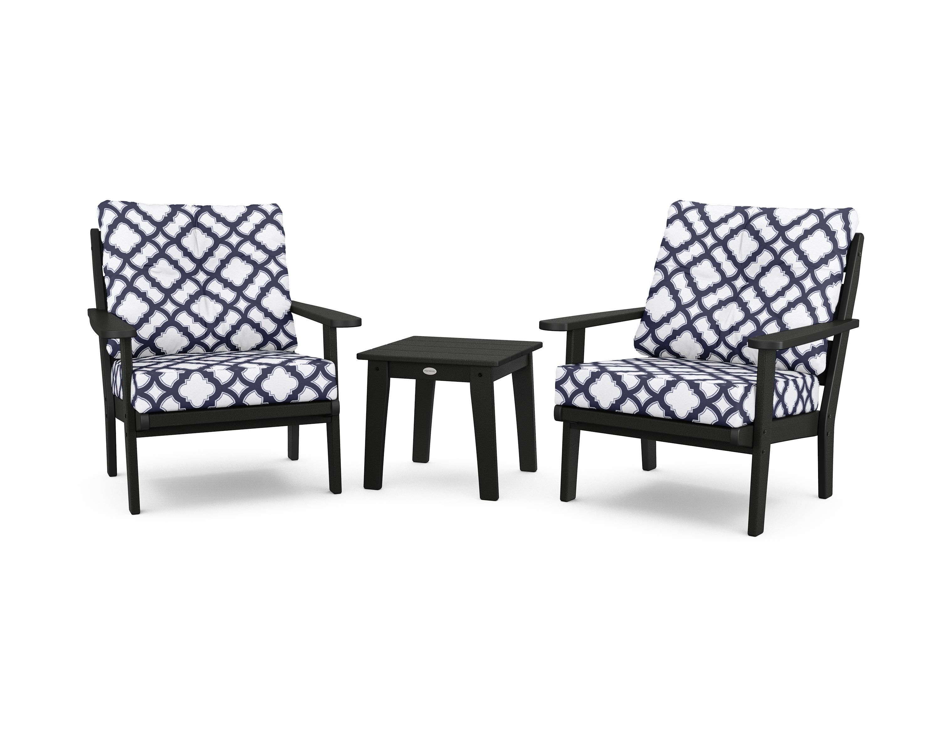POLYWOOD® Lakeside 3-Piece Deep Seating Chair Set in Black / Trellis Navy
