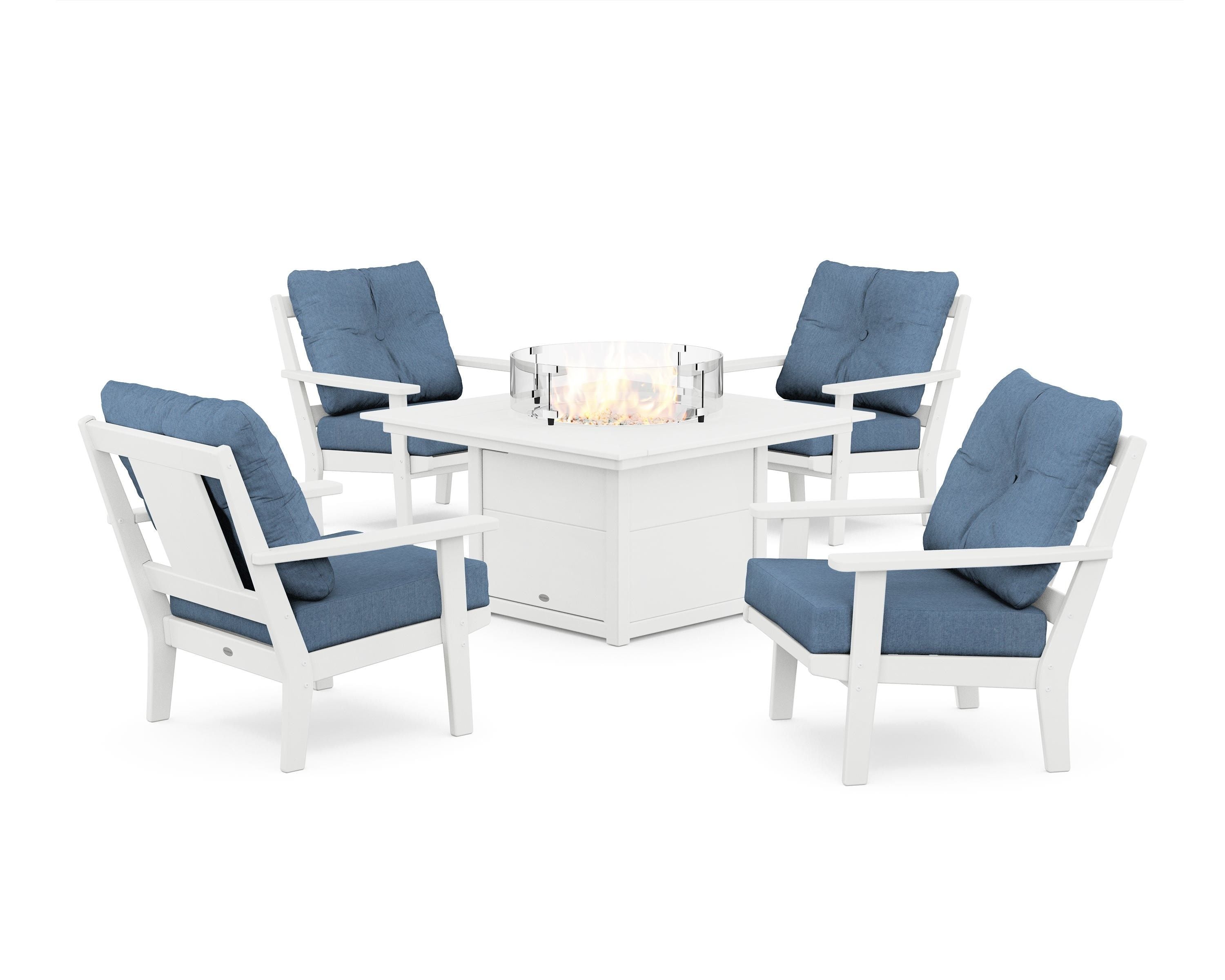 POLYWOOD® Prairie 5-Piece Deep Seating Set with Fire Pit Table in White / Sky Blue