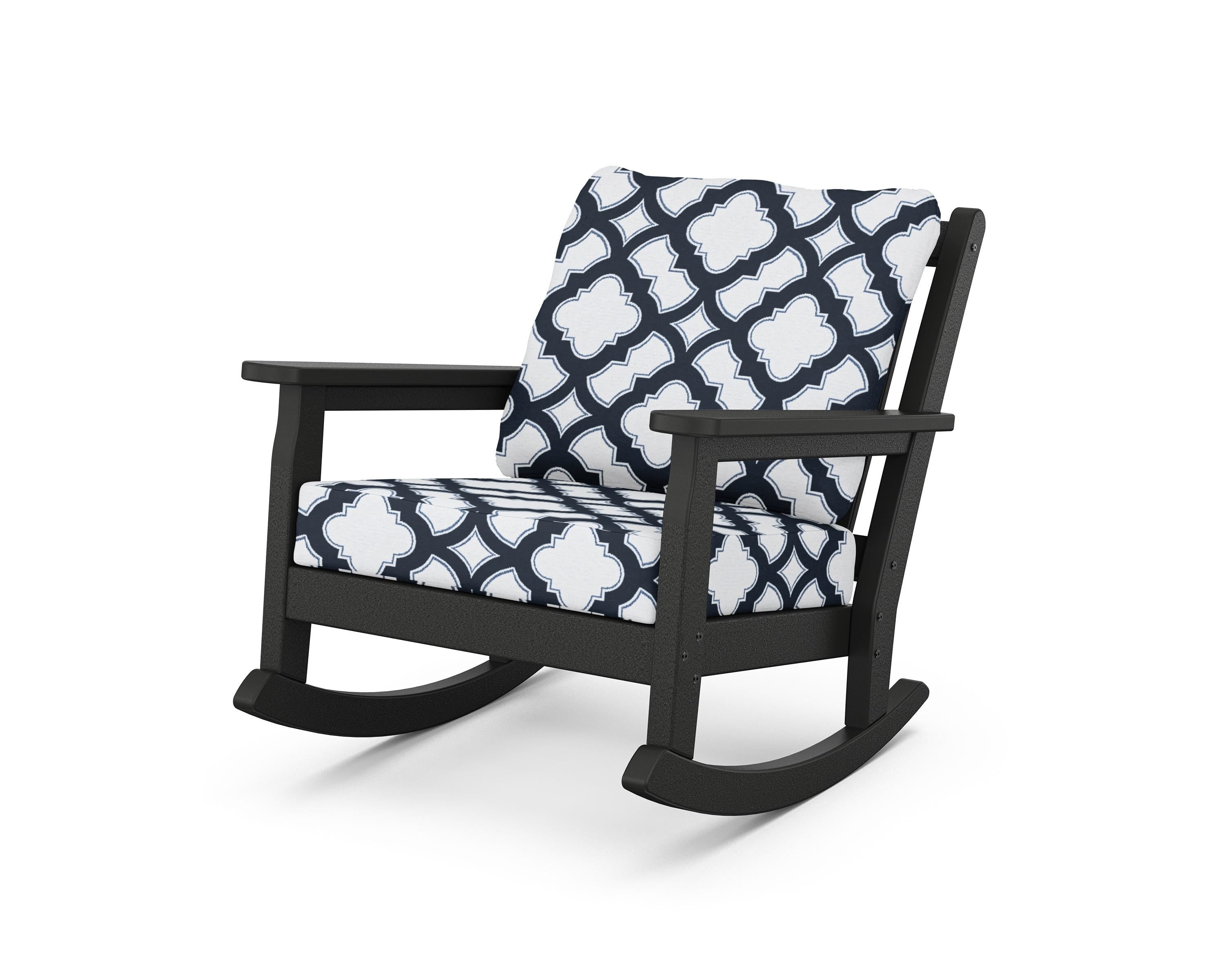 POLYWOOD® Chippendale Deep Seating Rocking Chair in Black / Trellis Marine Indigo