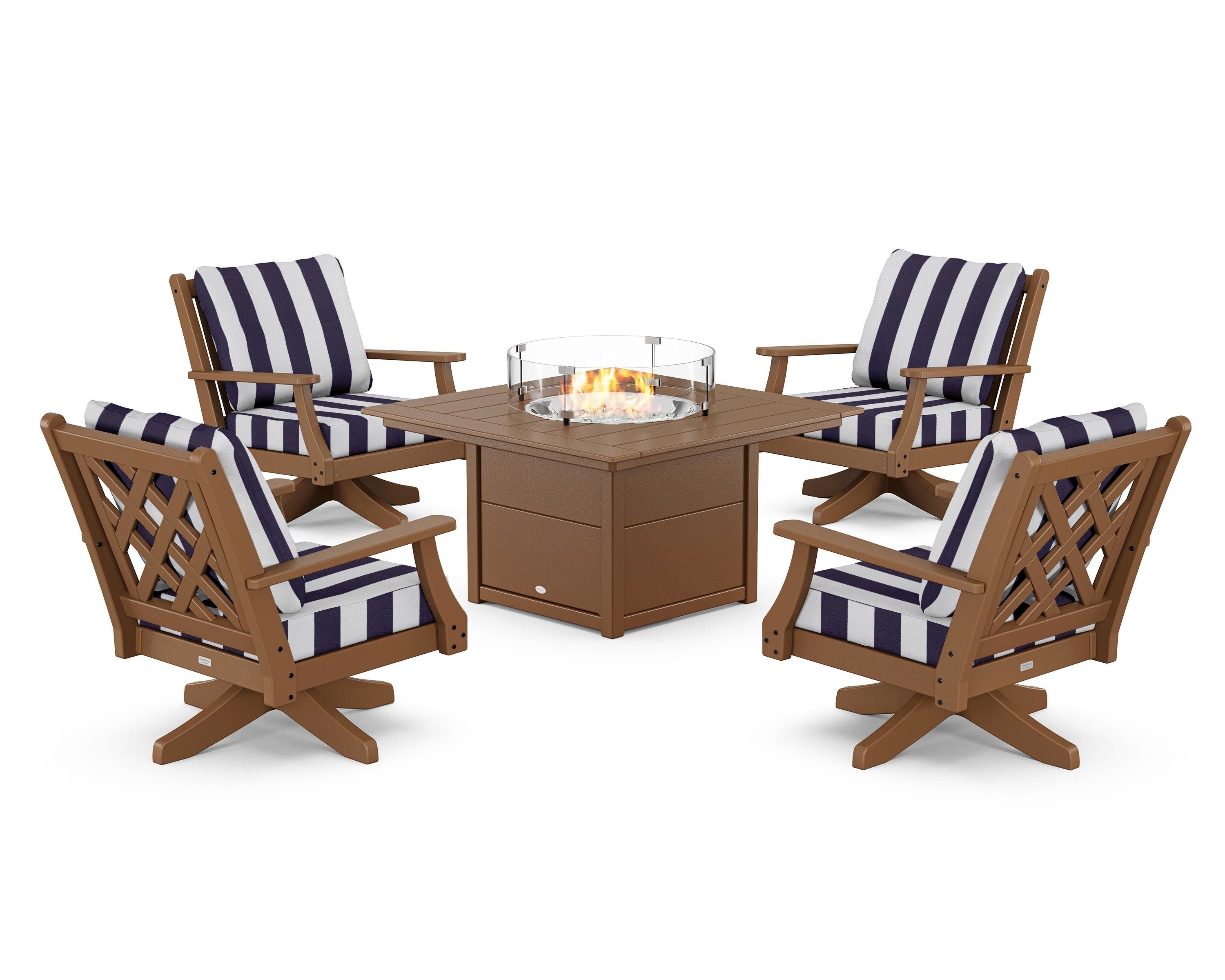 Country Living Wovendale 5-Piece Deep Seating Swivel Conversation Set with Fire Pit Table in Teak / Cabana Stripe Navy