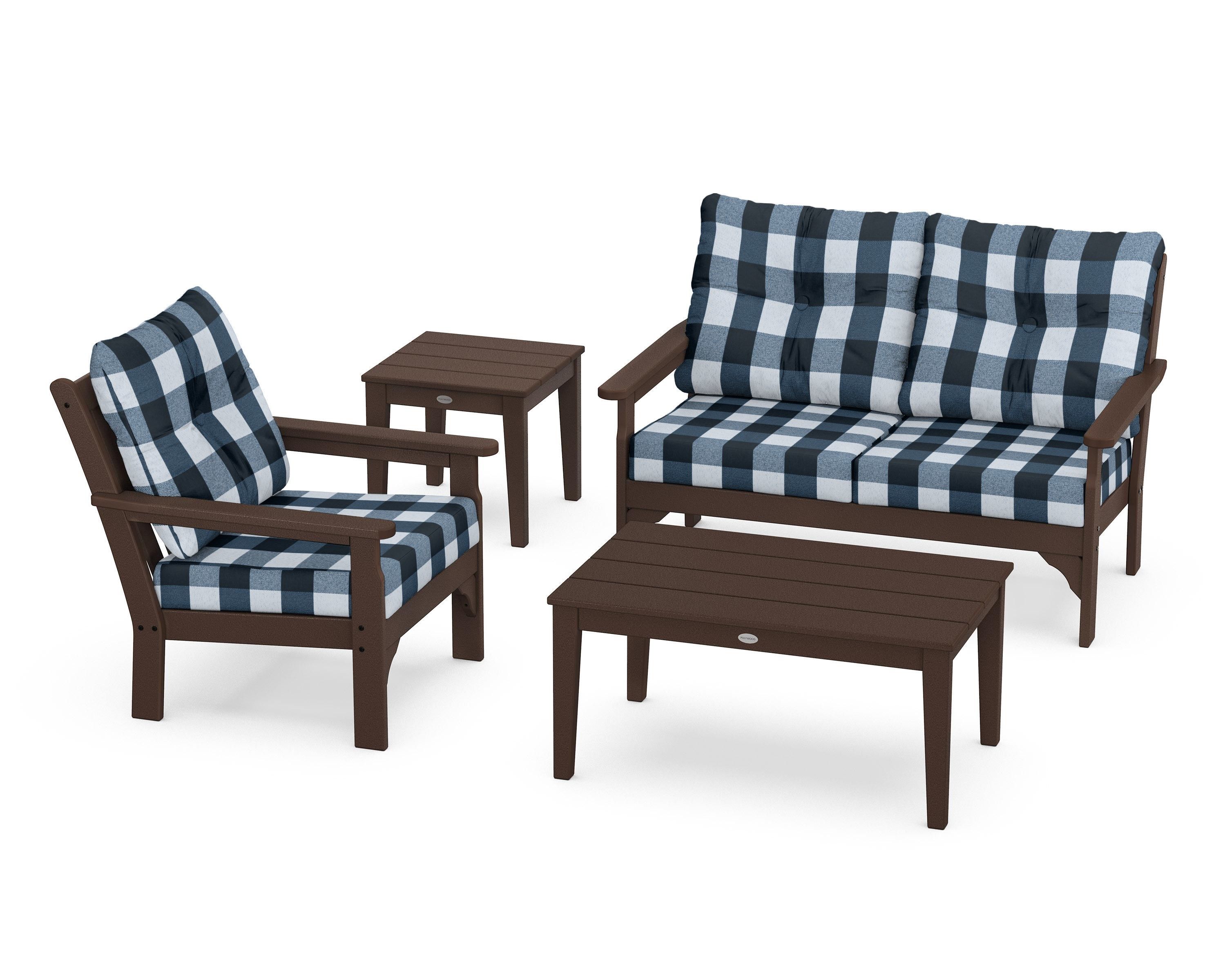 POLYWOOD® Vineyard 4-Piece Deep Seating Set in Mahogany / Buffalo Plaid Marine Indigo