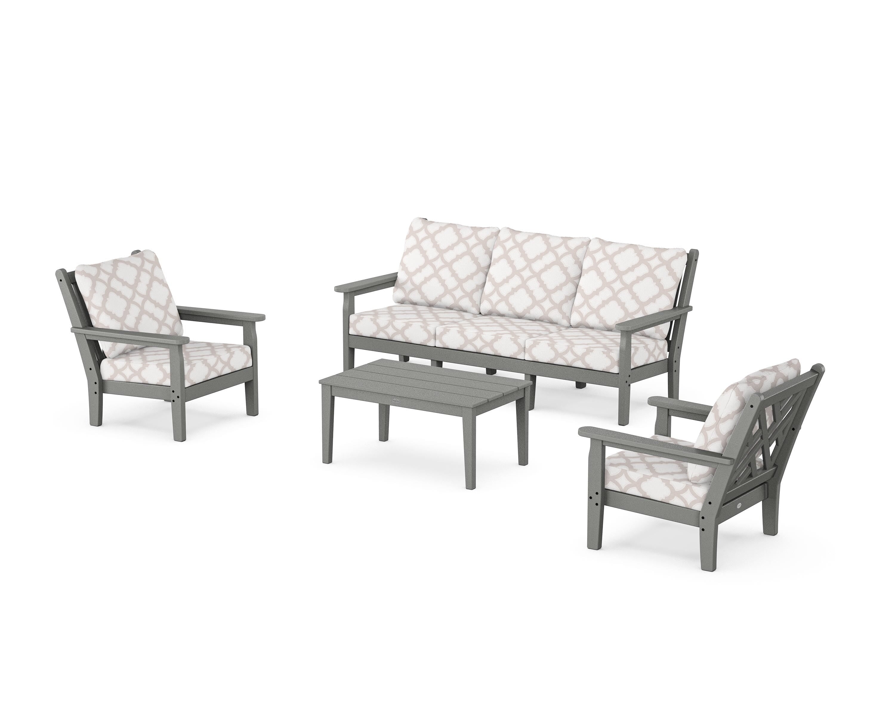 POLYWOOD® Chippendale 4-Piece Deep Seating Set with Sofa in Slate Grey / Trellis Dune Burlap