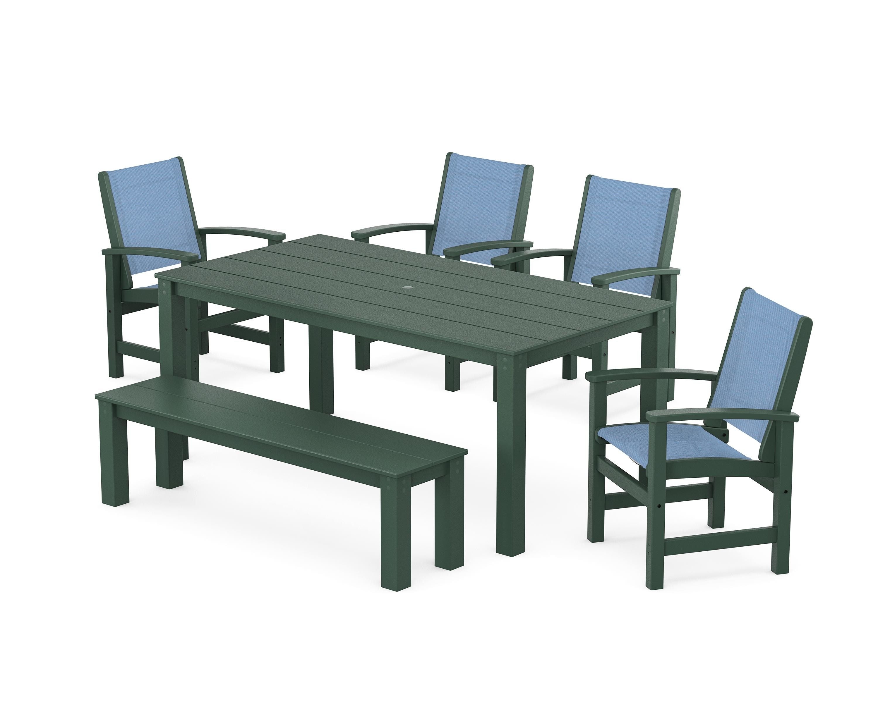 POLYWOOD® Coastal 6-Piece Parsons Dining Set with Bench in Green / Poolside Sling