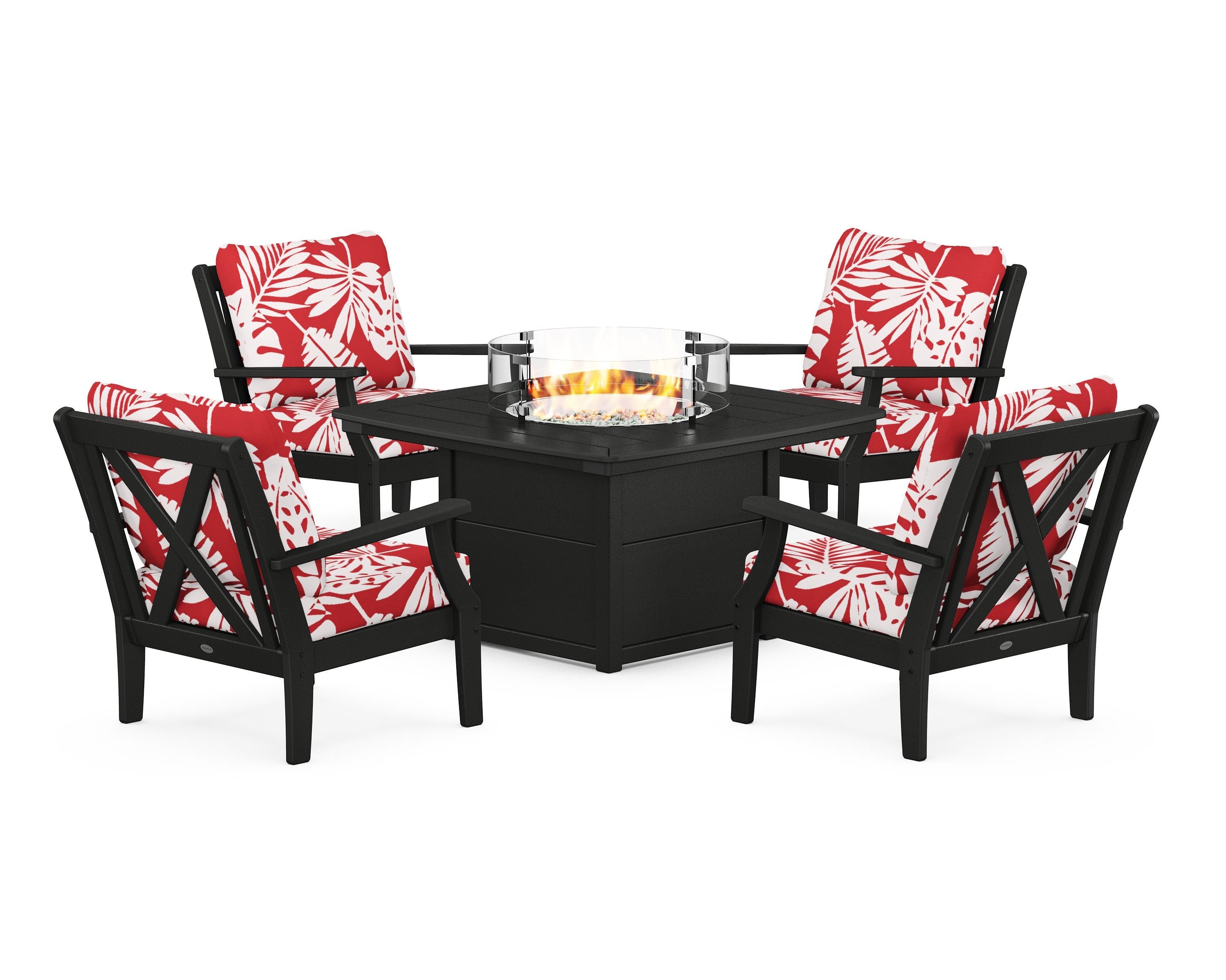 POLYWOOD® Braxton 5-Piece Deep Seating Conversation Set with Fire Pit Table in Black / Leaf Crimson