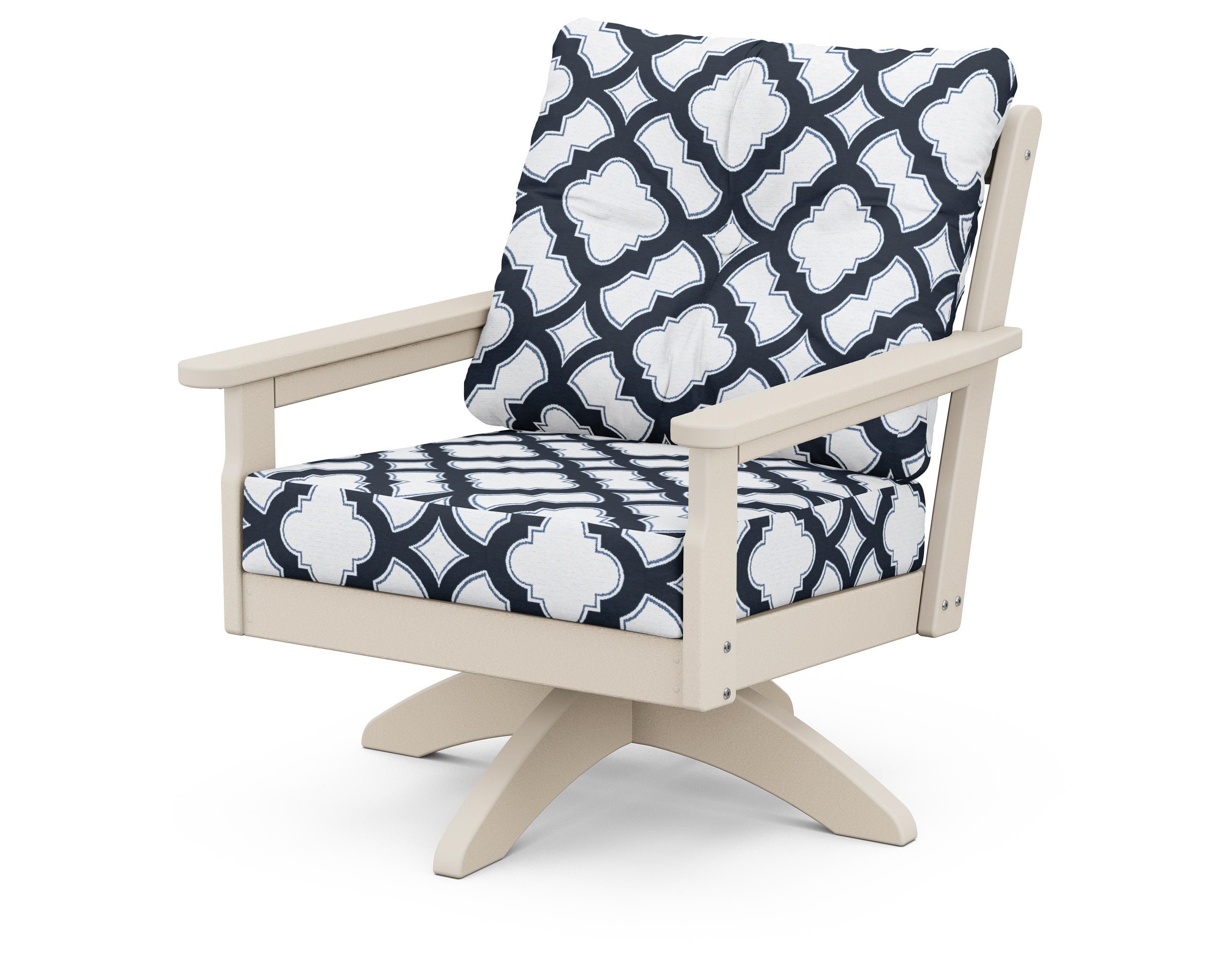 POLYWOOD® Vineyard Deep Seating Swivel Chair in Sand / Trellis Marine Indigo