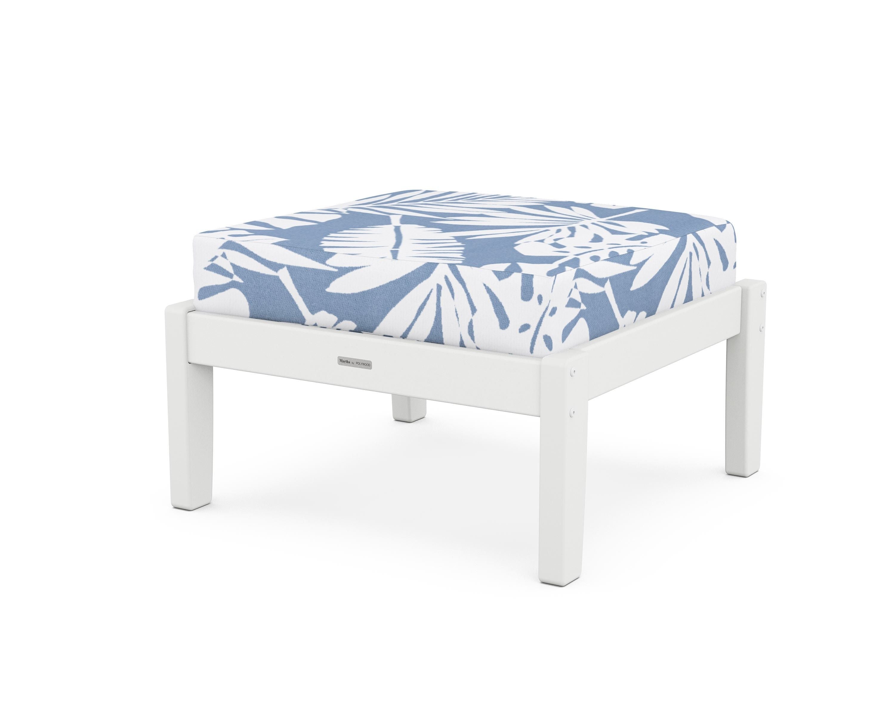 Martha Stewart by POLYWOOD® Chinoiserie Deep Seating Ottoman in White / Leaf Sky Blue