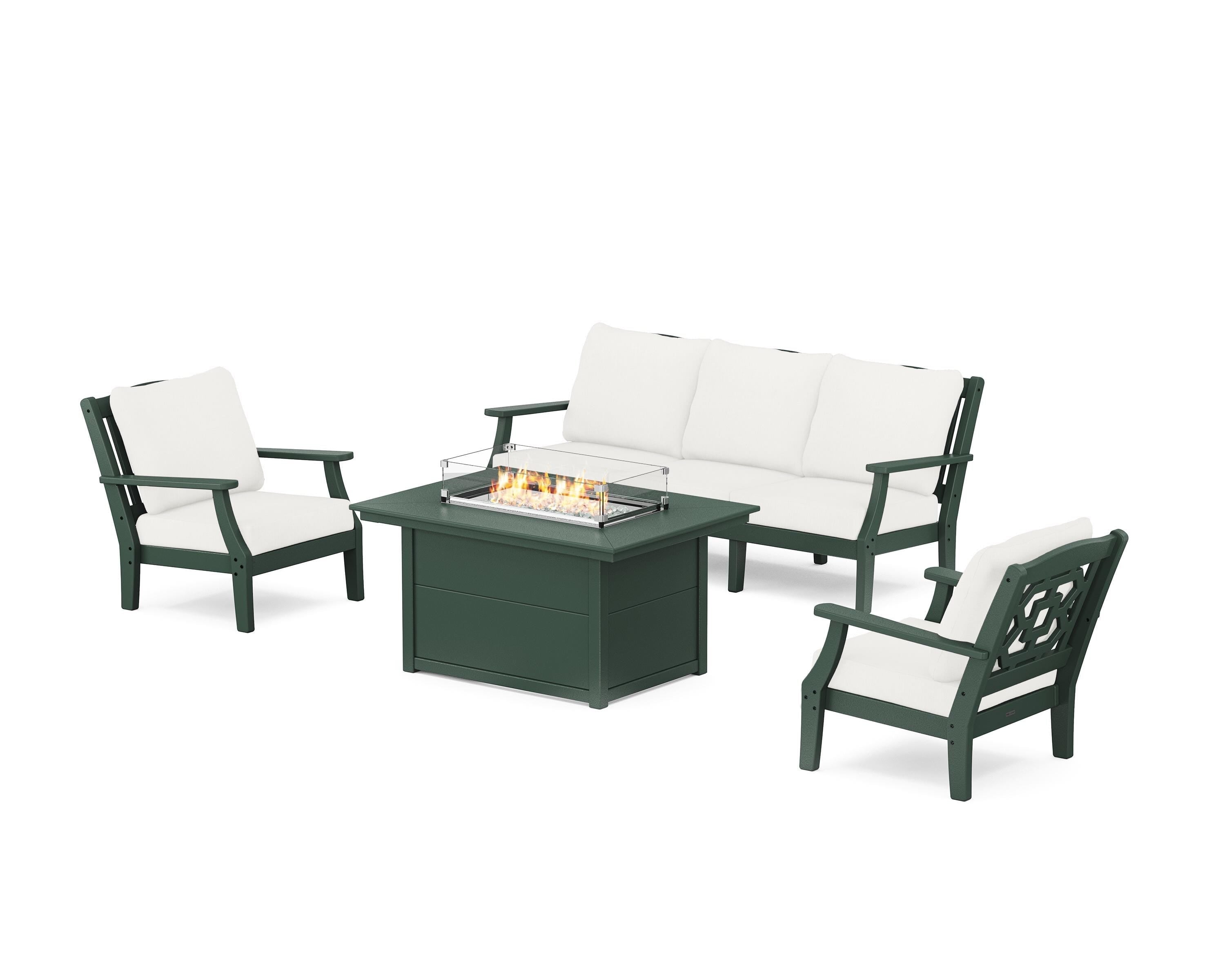 Martha Stewart by POLYWOOD® Chinoiserie Deep Seating Fire Pit Table Set in Green / Natural Linen