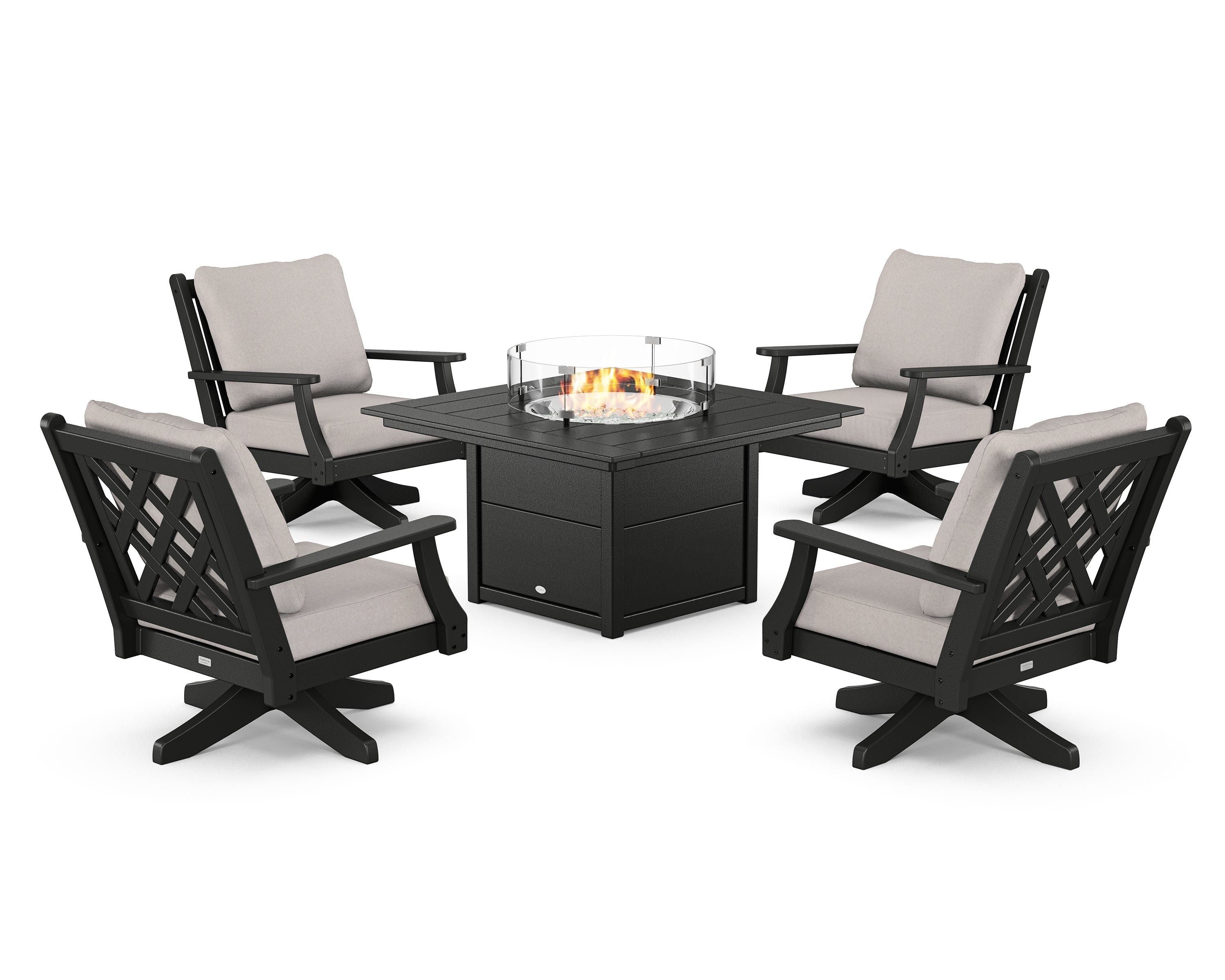 Country Living Wovendale 5-Piece Deep Seating Swivel Conversation Set with Fire Pit Table in Black / Dune Burlap