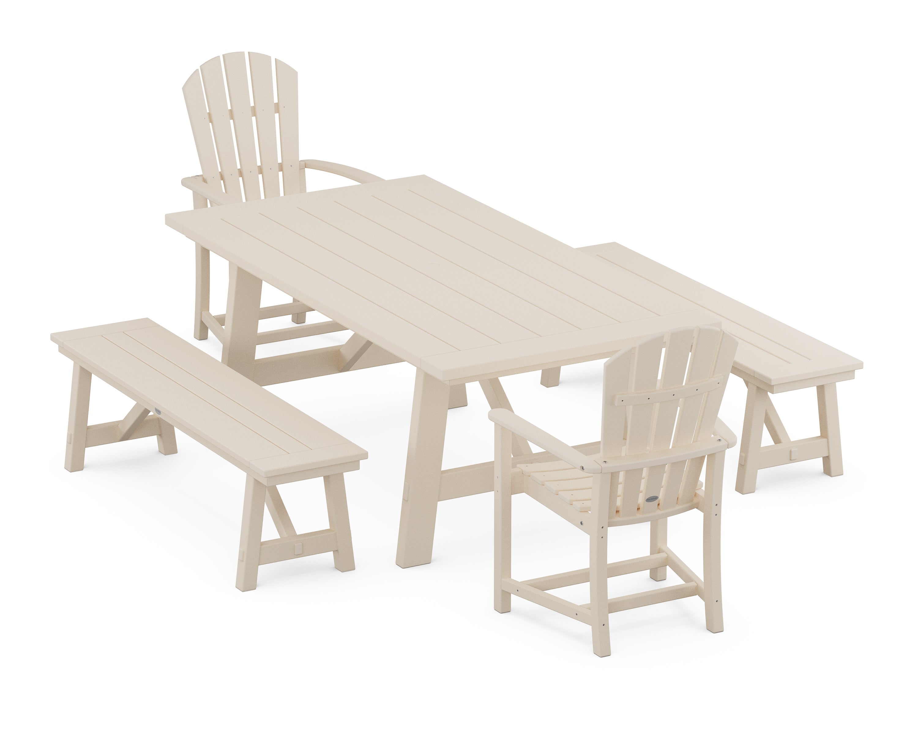 POLYWOOD® Palm Coast 5-Piece Rustic Farmhouse Dining Set With Benches in Sand
