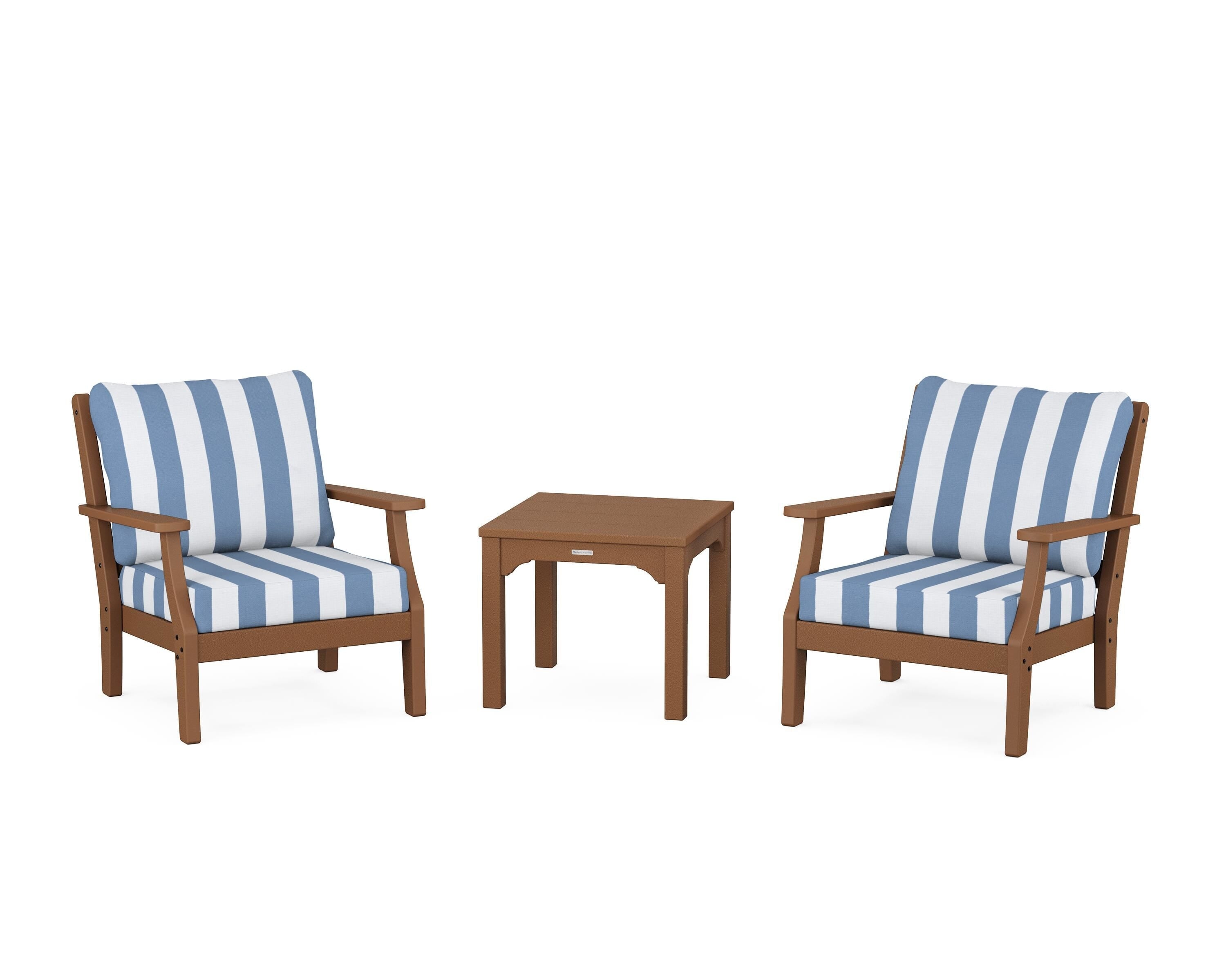 Martha Stewart by POLYWOOD® Chinoiserie 3-Piece Deep Seating Set in Teak / Cabana Stripe Sky Blue