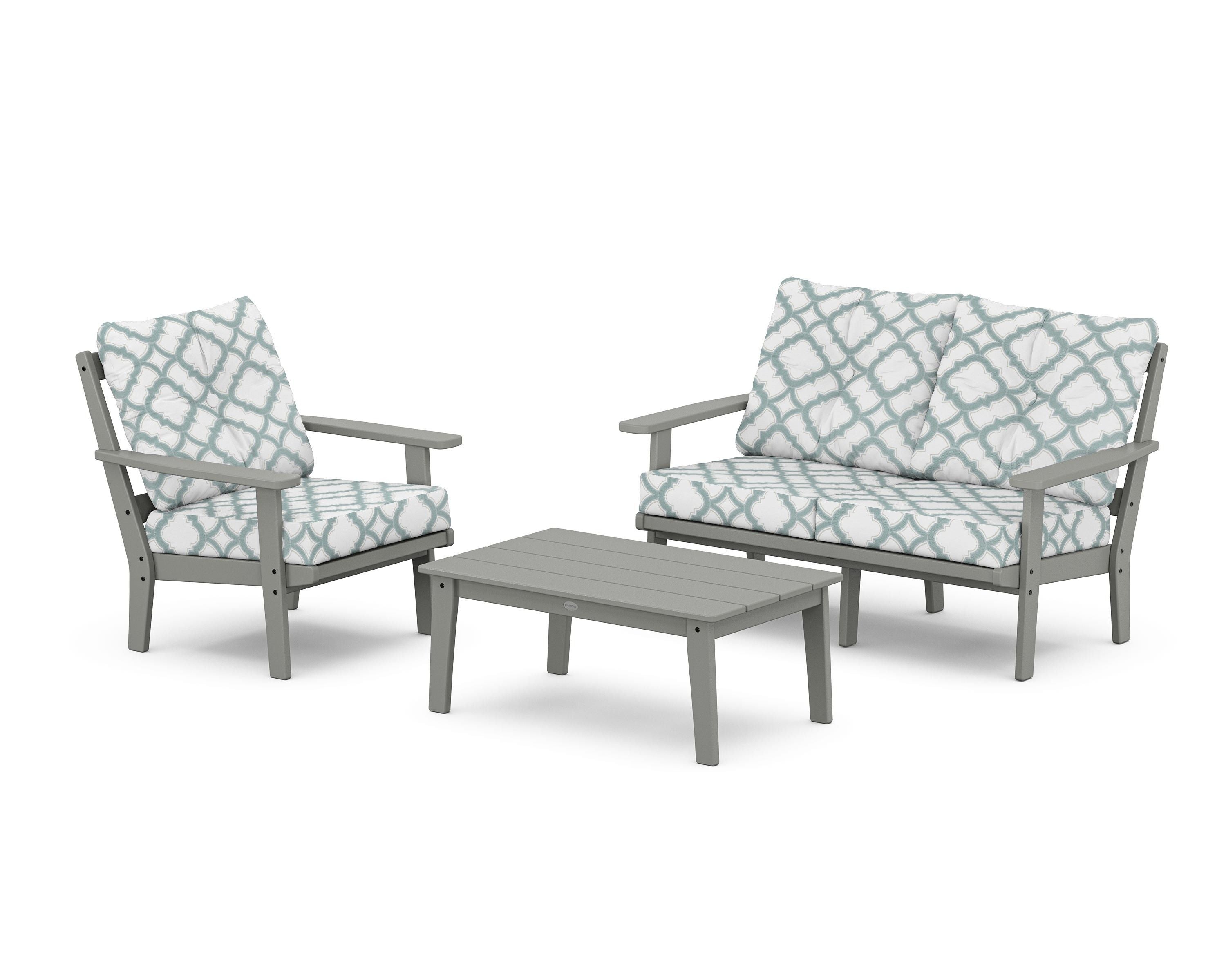POLYWOOD® Prairie 3-Piece Deep Seating Set with Loveseat in Slate Grey / Trellis Glacier Spa